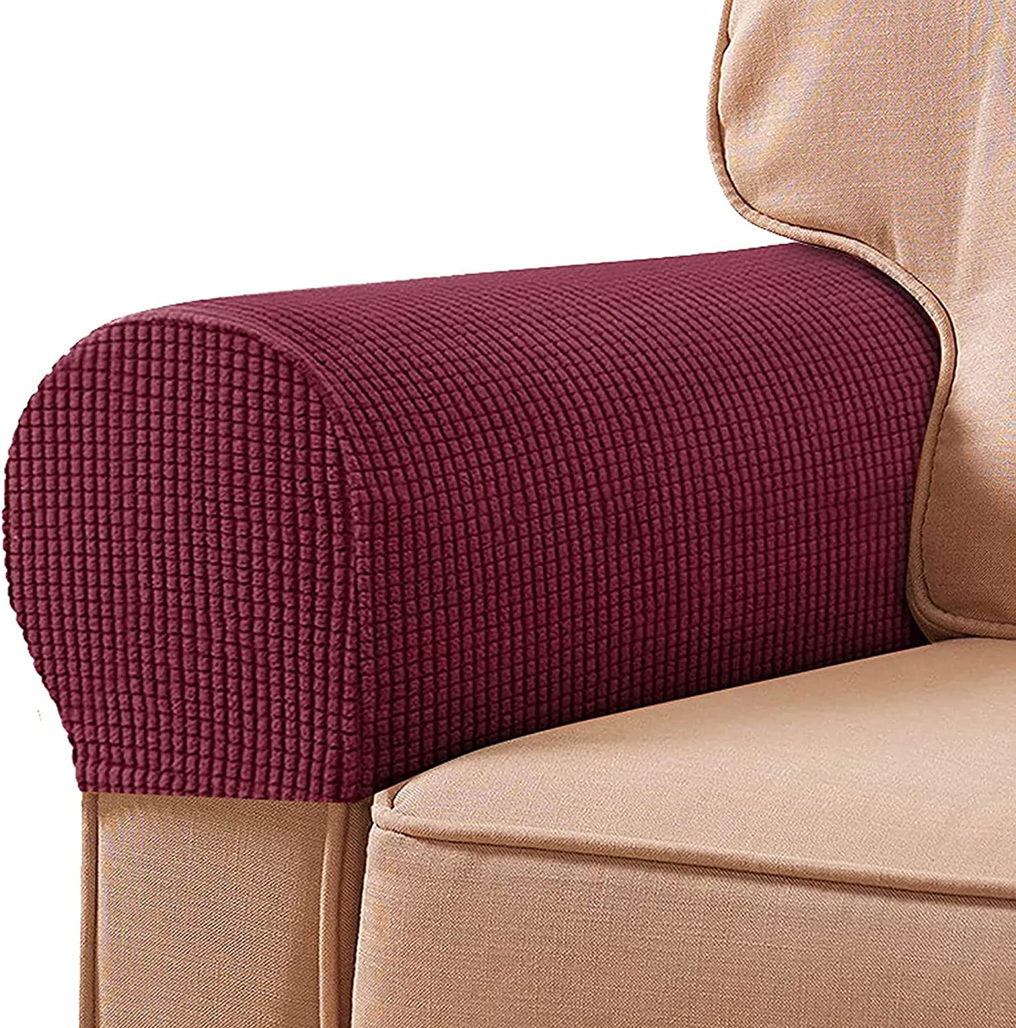 Armlehne Stuhlhussen Armlehnenbezüge Weiches Spandex Polyester Armkappen Rutschfester Möbelschutz Stretch Armlehne Bezug für Stuhl Sofa Couch, 2er Set, Braun (Farbe: Gewinderot, Größe: 4 Stück)