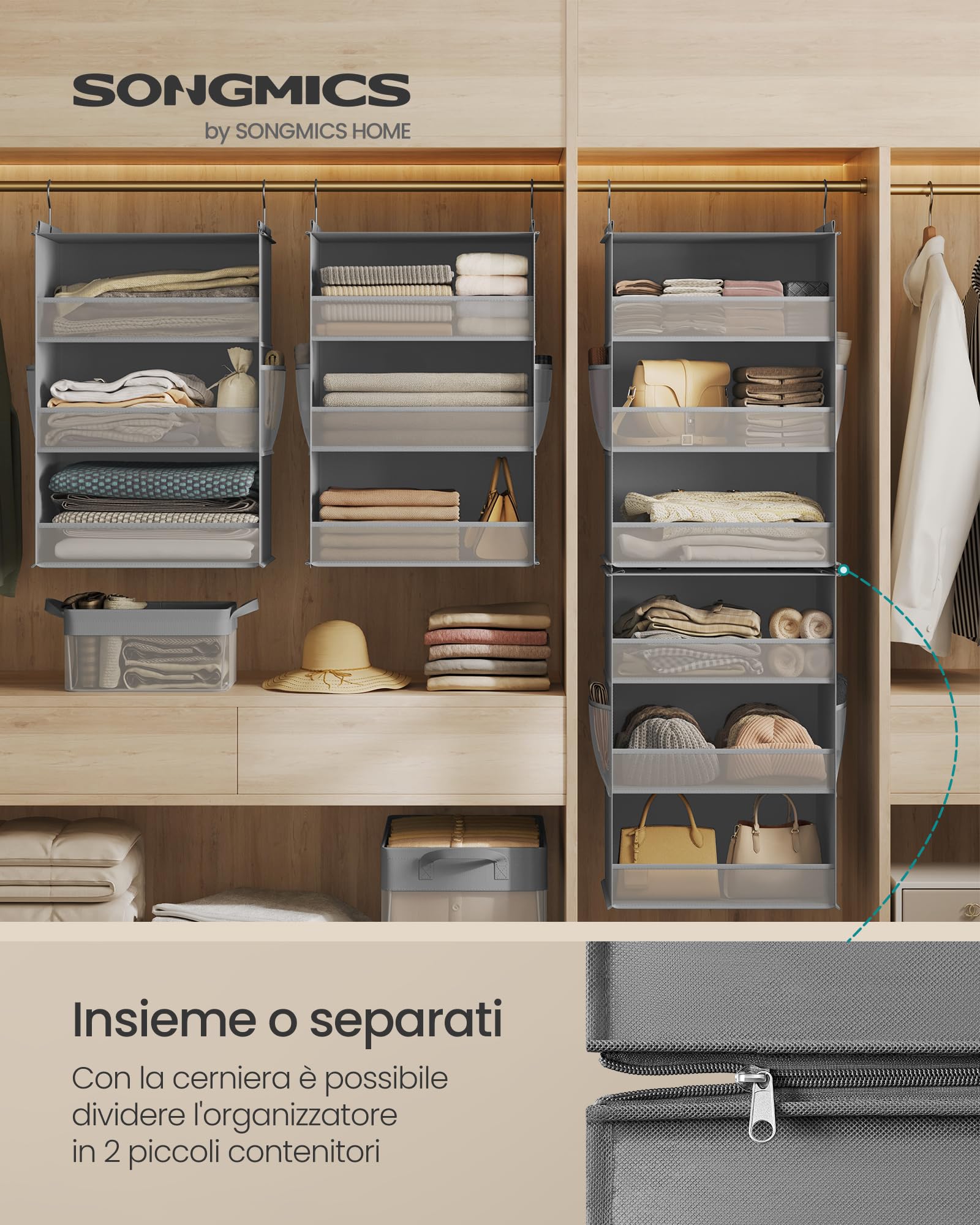 SONGMICS Portaoggetti da Appendere, Set di 2, Organizer Armadio, Divisibile, Pieghevole, Ganci in Metallo e Inserti in Bambù, Grigio Tortora RCH008G01