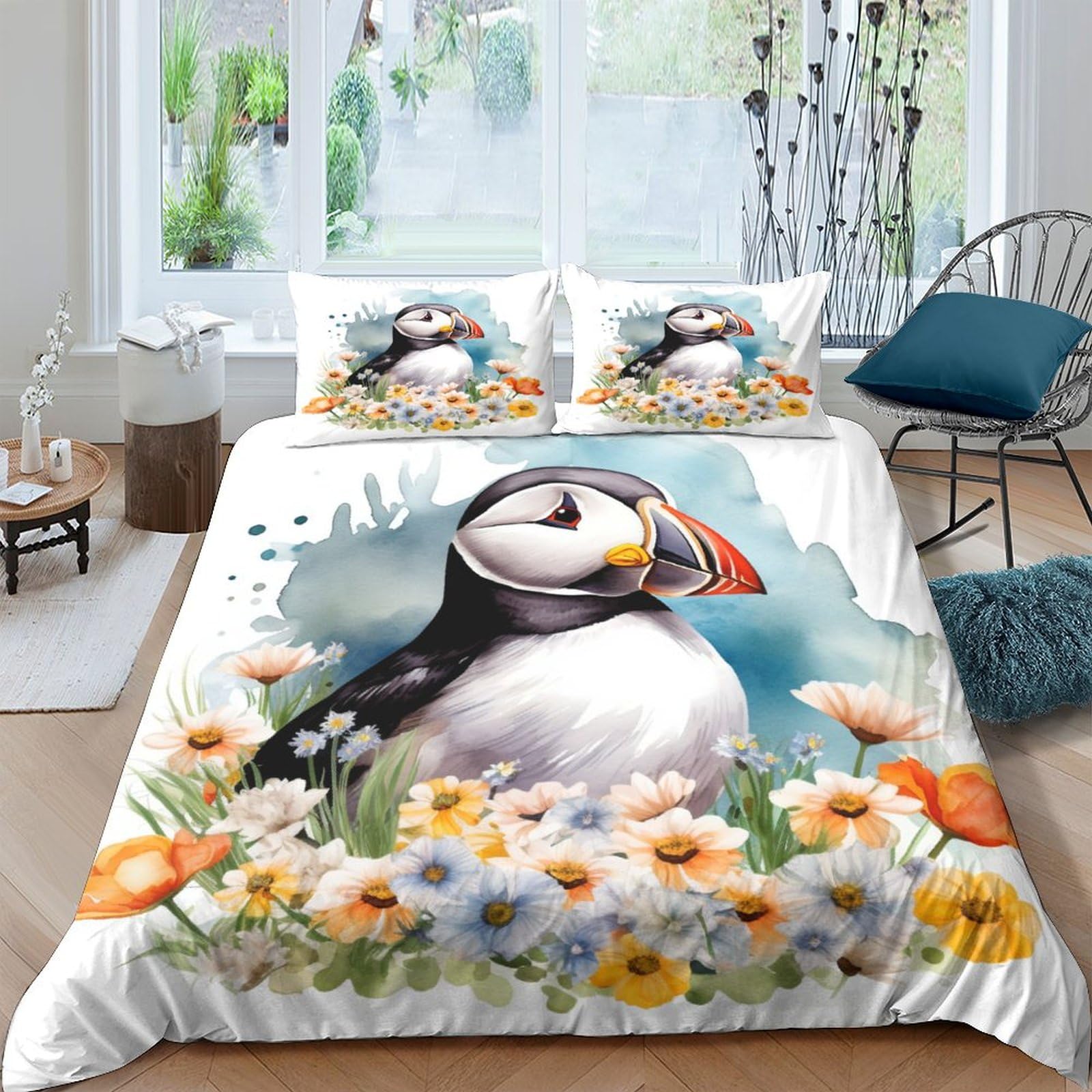 Zhuicheng Puffin 3 Piece Ultra Soft Duvet Cover-Bedding Set,3D Painting Microfiber Polyester Seaside Birds Quilt Cover Luxury Quality Reversiblet Comforter Cover With Pillowcase King（220X240cm）