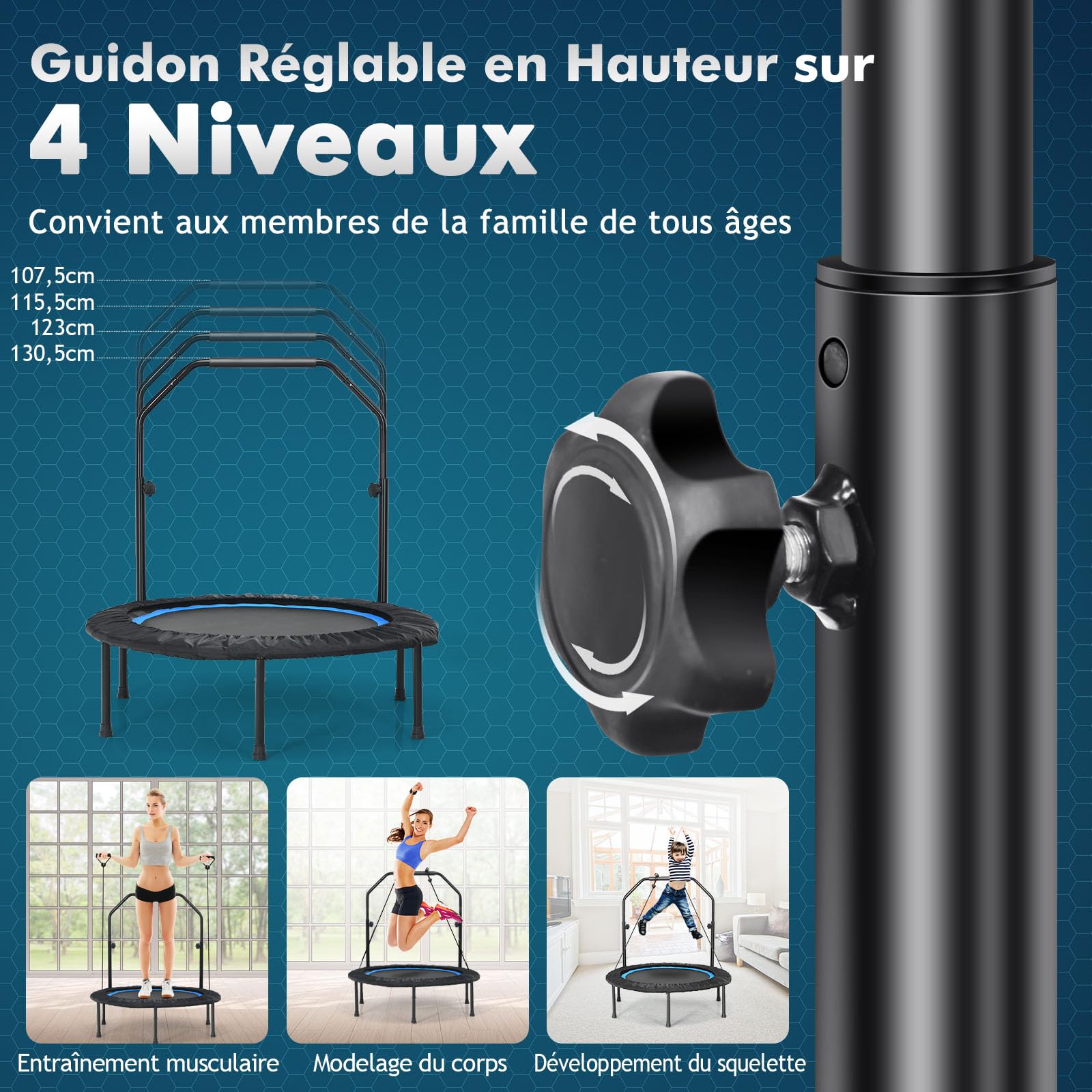 GYMAX Trampoline de Fitness φ101cm, pour Adultes & Enfants, Poignée en Mousses Réglable en Hauteur, Design Pliable, Toile de Bonne Résistance, Installation Facile