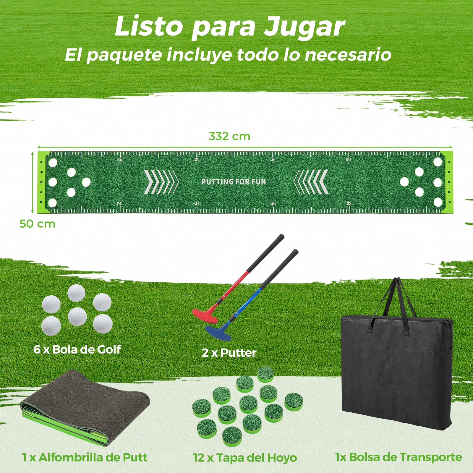 COSTWAY Juego de Golf Pong, Alfombra de Putting de 332 cm con 2 Putters Ajustables, 6 Bolas y 12 Tapas para Agujeros, Alfombrilla de Entrenamiento de Golf Interior Exterior Jardín Oficina