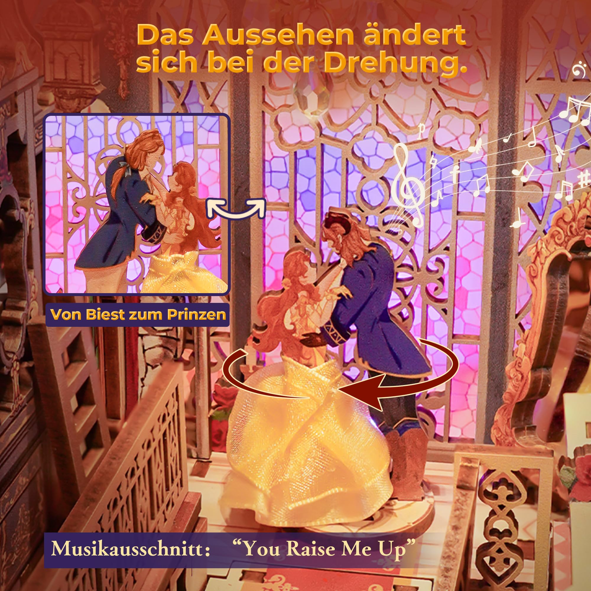 Tonecheer Book Nook Kit mit Staubschutz und LED-Licht, 3D Puzzle Buchstützen aus Holz, Kreative Buchstütze für Bibliothek, DIY Set Erwachsene Geschenkideen(Die Schöne und das Biest)