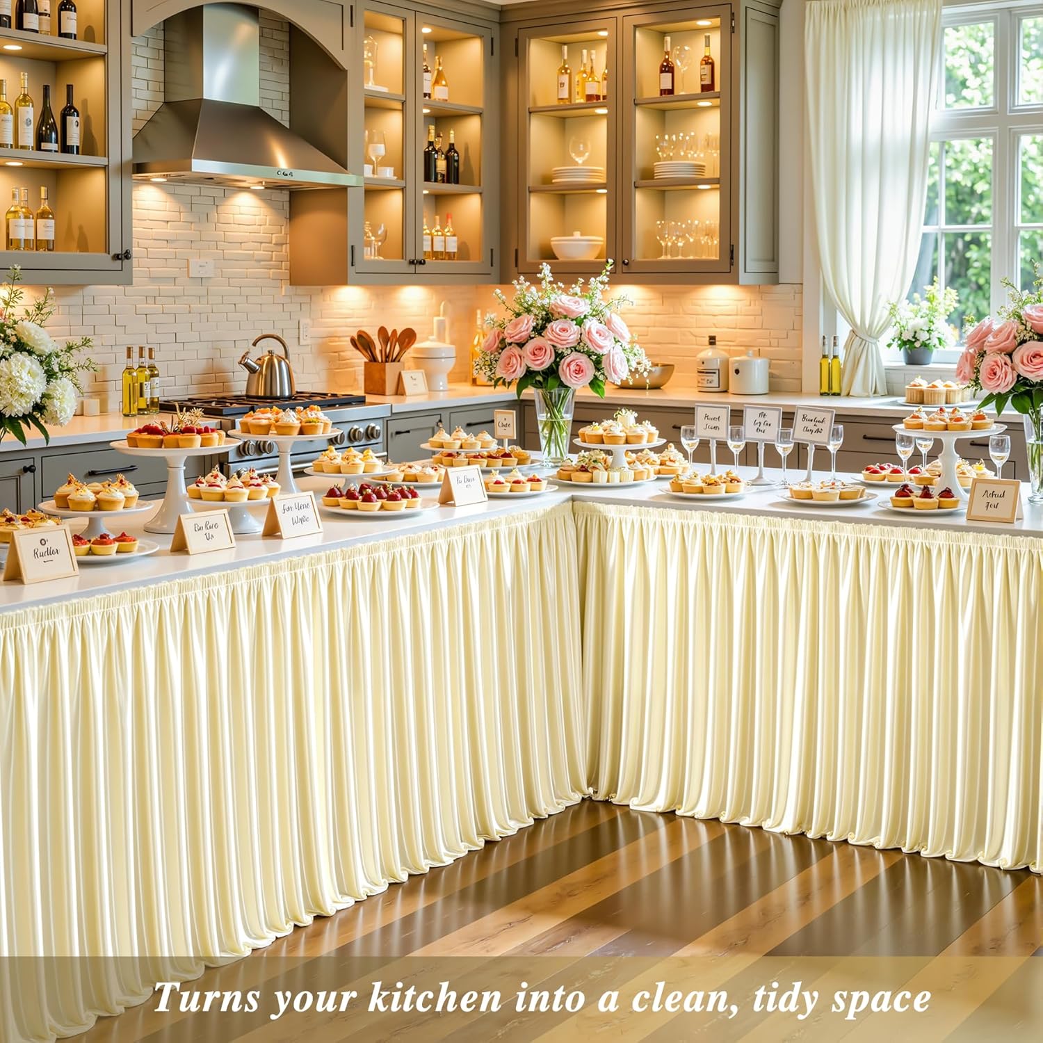 9Ft Champagne Satin Table Skirt for Rectangle or Round Tables, Wrinkle-Free & Ruffle Pleated Teacher Desk Skirt Sparkly Spandex Table Skirting for Home Office & Kitchen, Trade Shows, Wedding Party