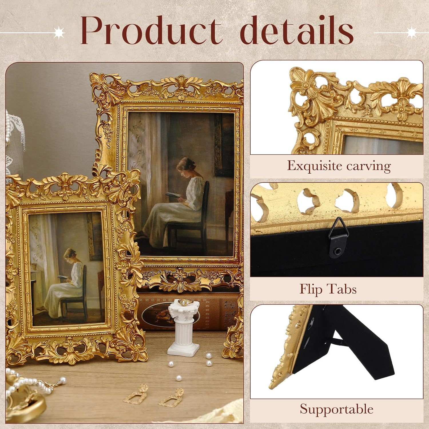 Wonderjune 3 Pcs Vintage Picture Frames Antique Set Baroque Ornate Gold Arched Photo Frames with Glass, Tabletop or Wall for Home Decor Photography Props Gifts(4x6, 5x7, 6x8 Inches,Luxury)