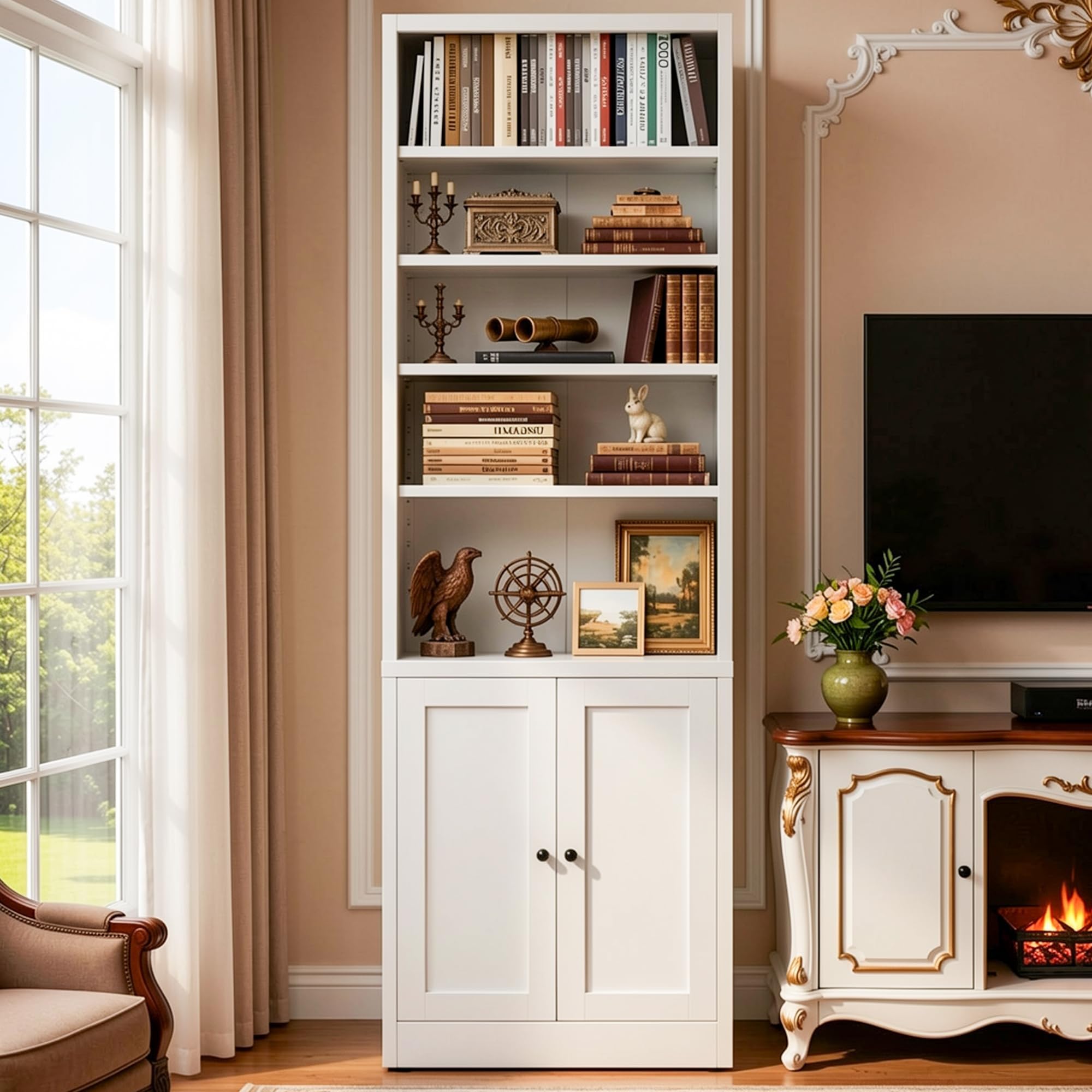Bücherregal Metall mit Türen, 180 x 60 x 23,6 cm, Schmales Standregal mit 4 verstellbaren Fachböden, Metallschrank mit Stauraum für Wohnzimmer, Büro, Arbeitszimmer, Weiß