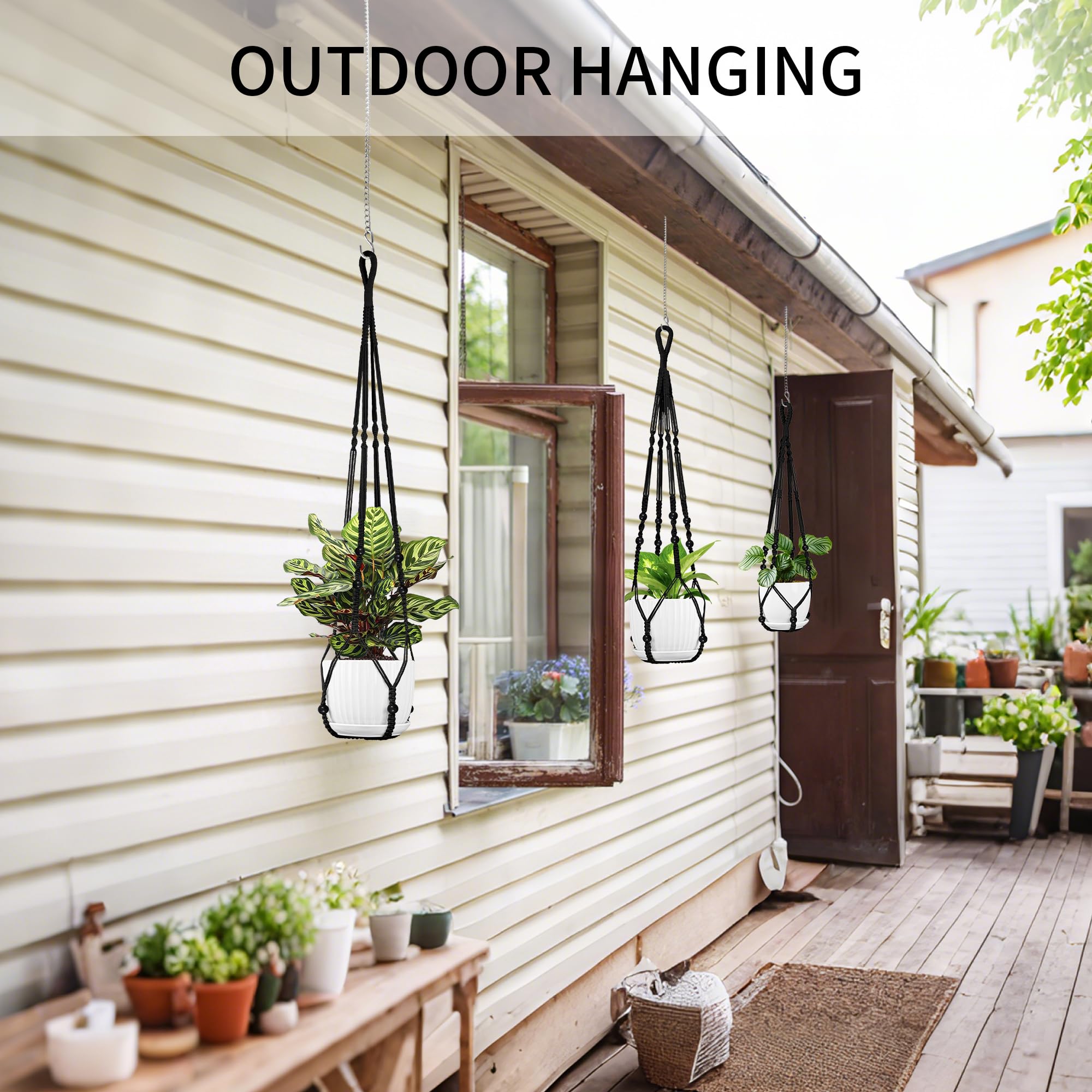 Lot de 3 suspensions en macramé pour plantes – 109,2 cm/88,9 cm/73,7 cm de différentes tailles, support de pot de fleurs à suspendre pour intérieur et extérieur, avec perles en bois