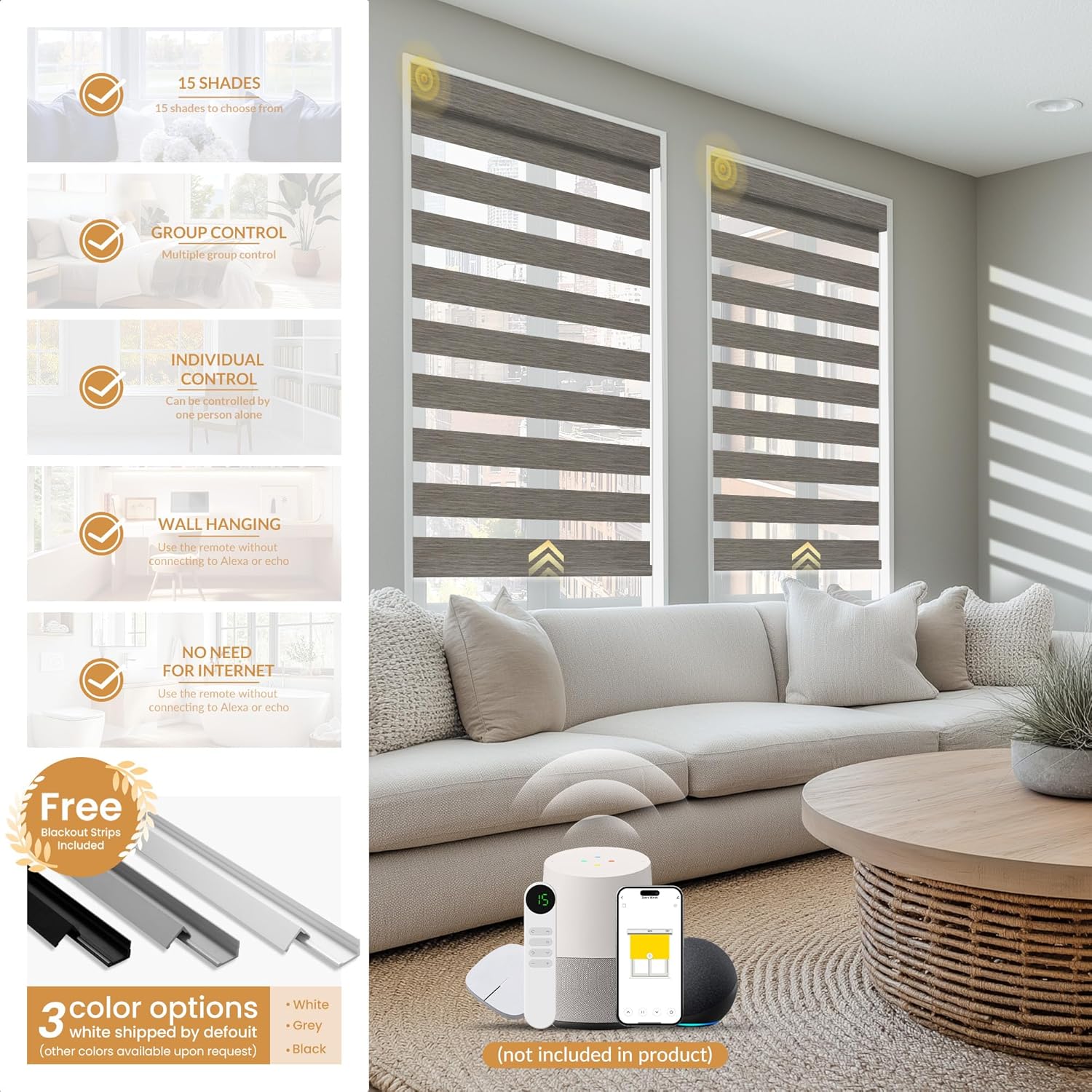 Boolegon Motorized Zebra Blinds with Remote, 95% Blackout Zebra Roller Window Shades, Wireless Electric Zebra Blinds, Built in Rechargeable Motor Window Blinds. for Home, Dark Brown, Custom Sizes