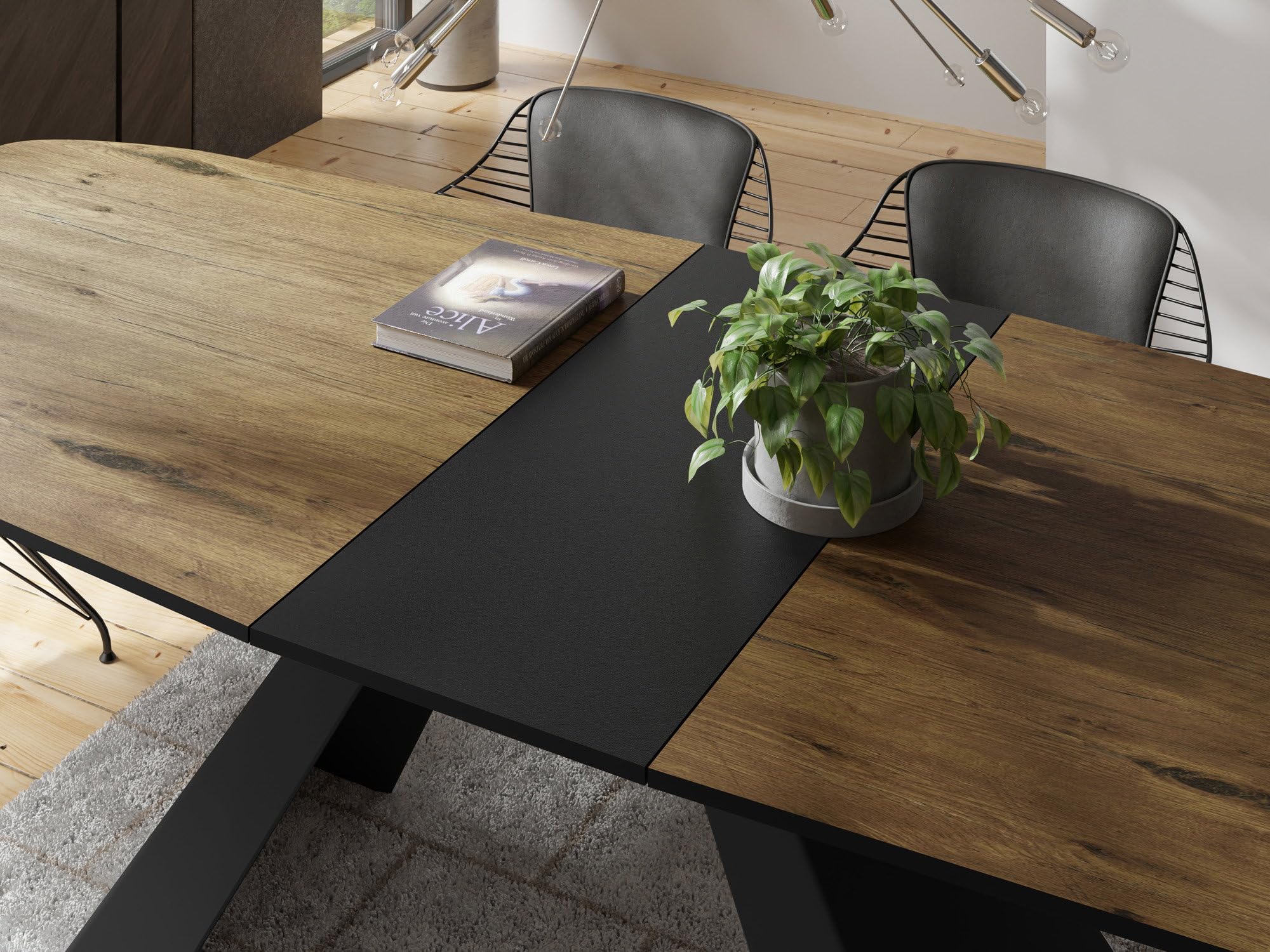 WFL GROUP Esstisch Monte im Modern Stil, Rechteckiger Tisch - Ausziehbar von 180 cm bis 220 cm, Pulverbeschichtete Schwarze Metallbeine - 180 x 90 cm - Lancelot Eiche