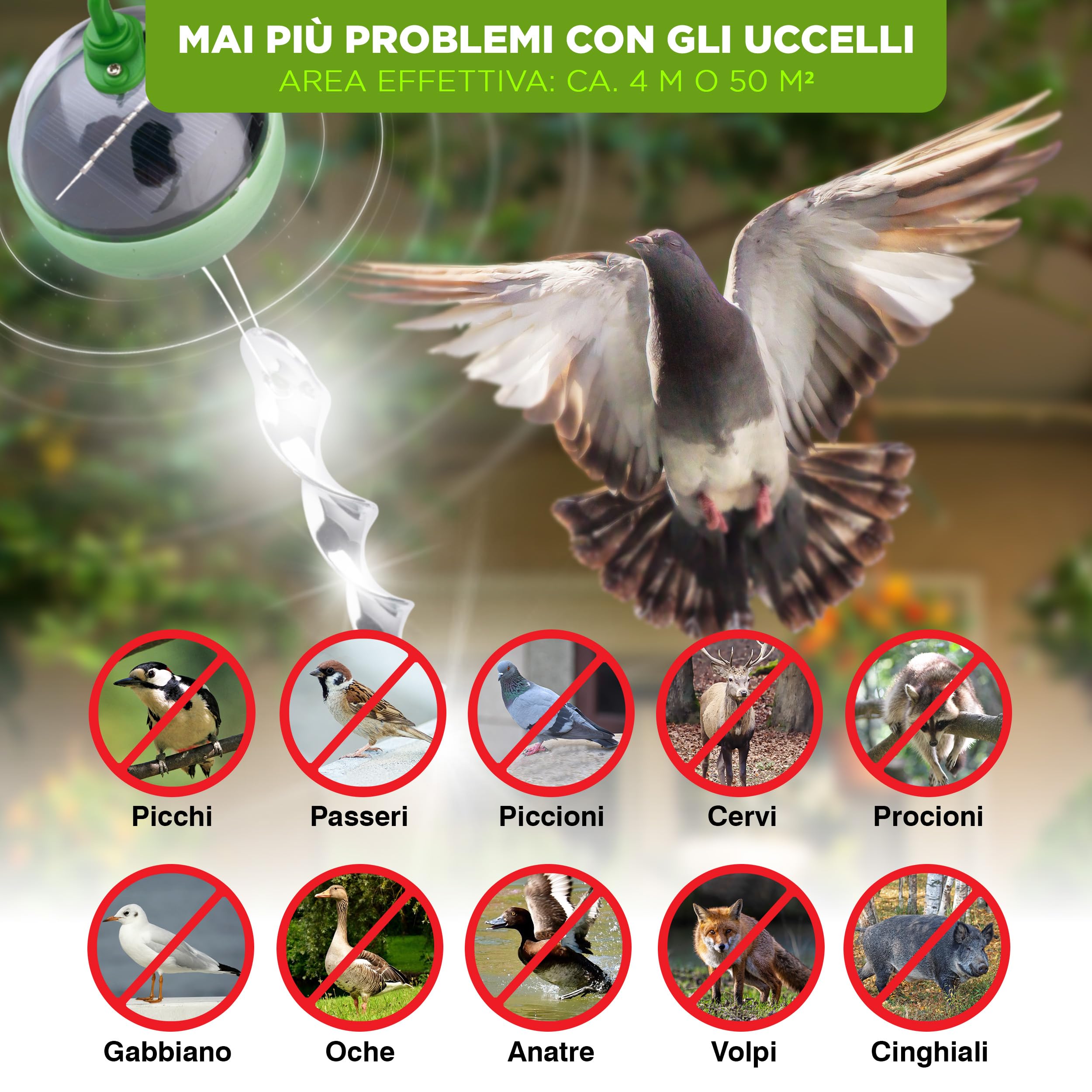 ISOTRONIC dissuasore solare uccelli 4in1 movimento ultrasuoni luce blu riflettori argentati piccioni balcone giardino 4 pezzi efficace esterno protezione difesa stop volatili ecologico decorativo