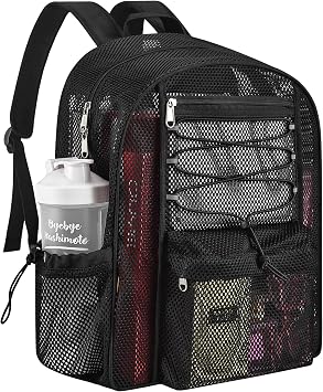 Mesh Backpack Heavy Duty for School, 24L Large Mesh Bookbag for Adults, Black School Bag with Comfort Padded Straps for Work Swimming Beach Fitness Sport