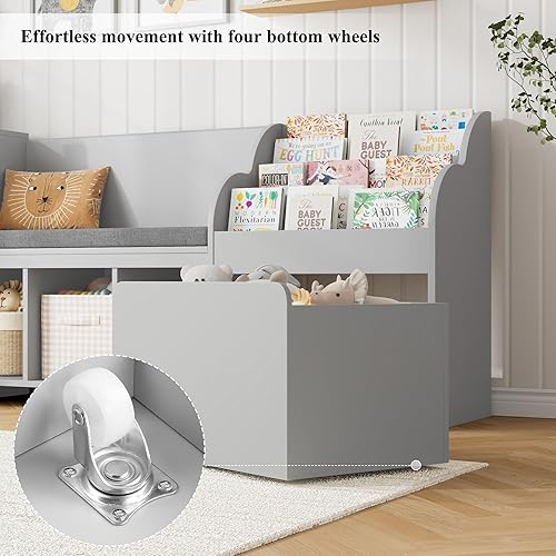 Miniatura 5 de HOSTACK Rincón de lectura para niños de 67 pulgadas con banco, estantería para niños y estantería con cojín de asiento y 6 cubos de almacenamiento,