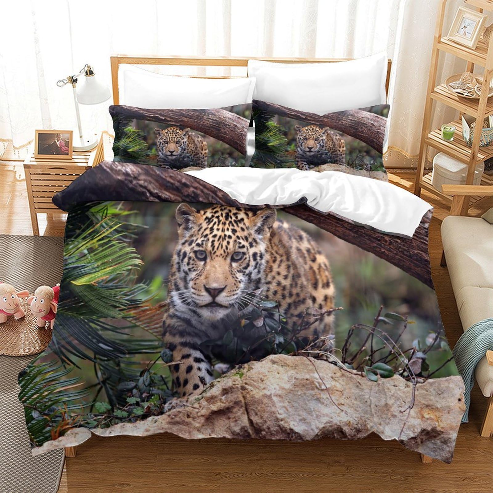 P1s9u7w5y Jaguar 3D Printed Wild Jungle Leopard Duvet Cover Set 3Pcs Microfiber Nature Leopard Bedding Set King（220X240cm）