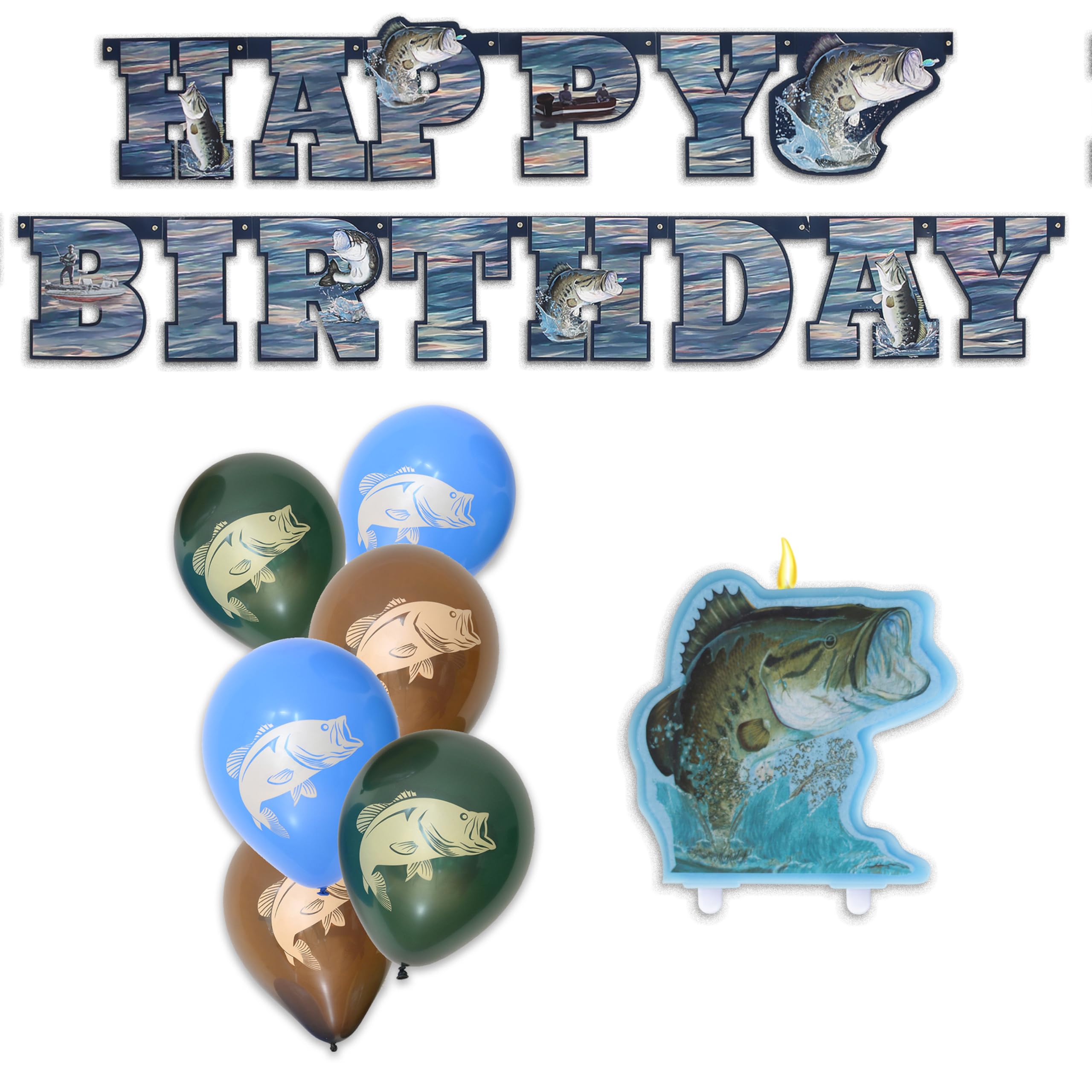 Havercamp’s Trademarked Gone Fishin’ Birthday Party Decorations; Kit Includes 1 Happy Birthday Banner, 1 Cake Topper Candle, 12 Fun Photo Props and 6 Latex Balloons