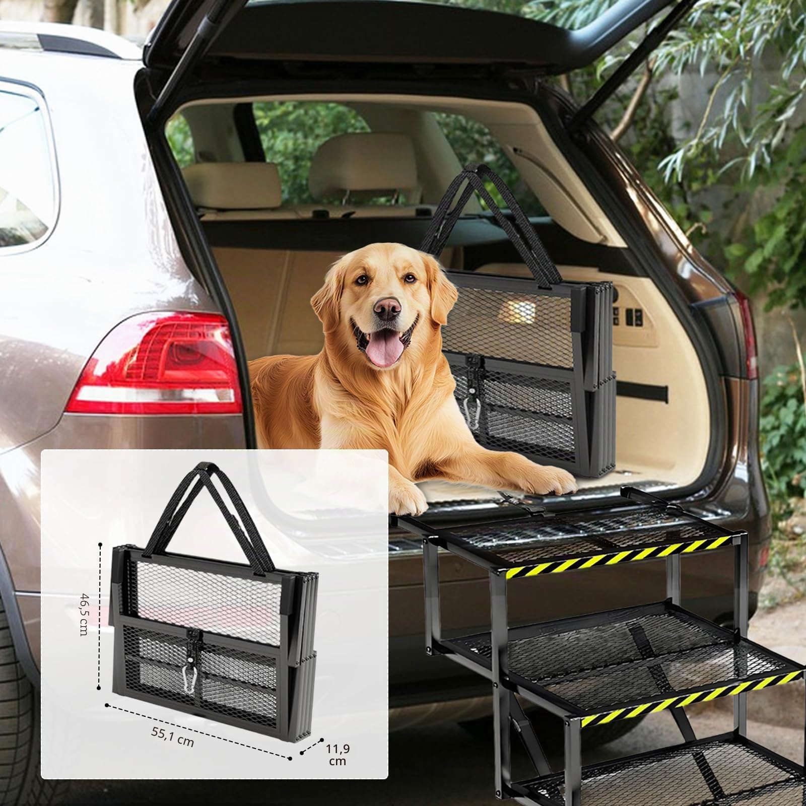 Rampa para Perros, Escaleras Perros 5 Peldaños Rampa Plegable Coche Perros Pequeños Medianos Y Grandes Escaleras Antideslizantes para Camiones Y SUV Soporta hasta 100Kg 35-90cm Altura Ajustable