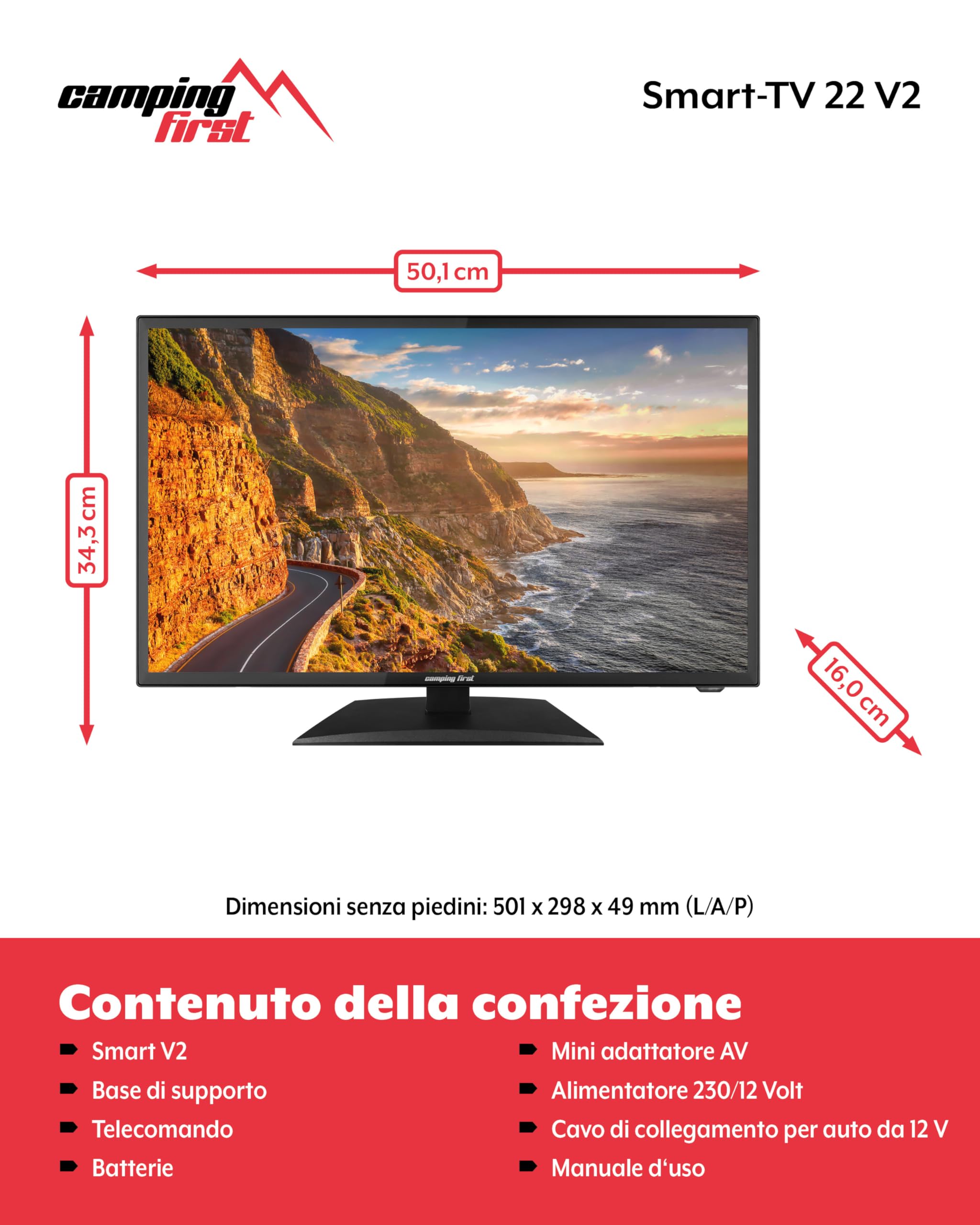 22″ Smart TV V2 – Televisore, 54,6 cm, 12 volt – Nero | Triple tuner, Android 11.0, WiFi/LAN, CI+, USB, Bluetooth