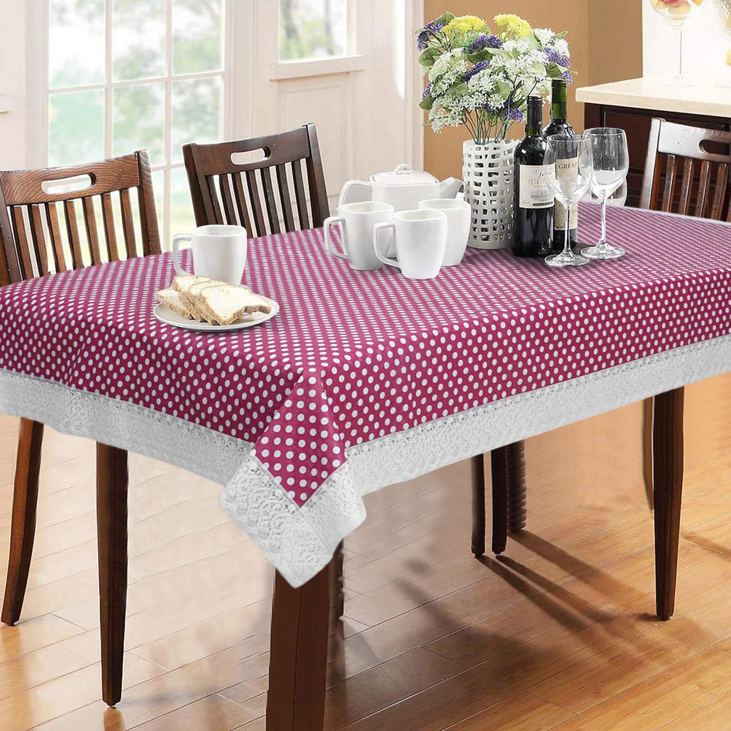 Decorative Black Polka Dot Table Cloth – 4 Seater 100x150 cm PVC Waterproof Dining Cover with Stylish Lace Design (Pink and White)-image-38