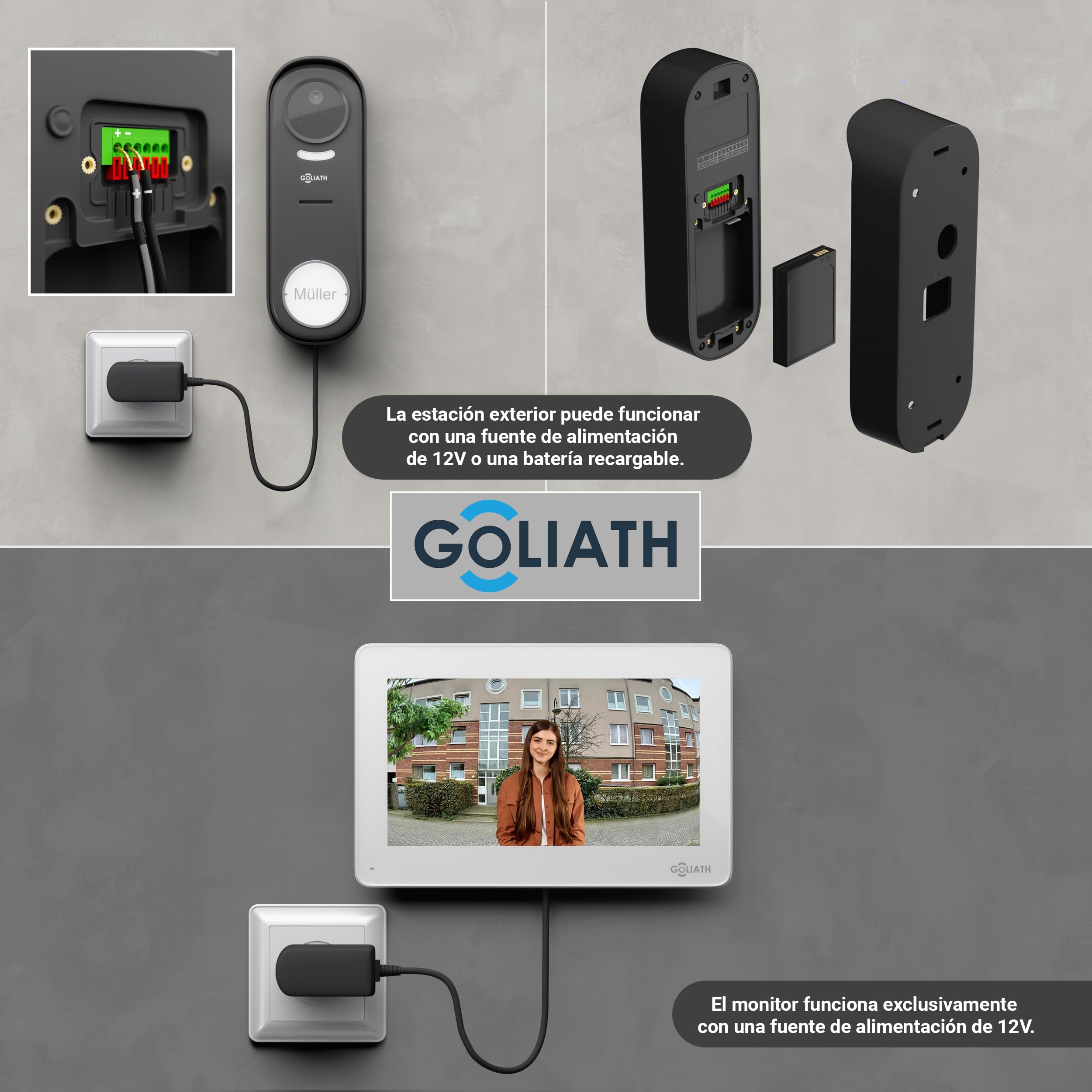 GOLIATH® Timbre inalámbrico con cámara e intercomunicador [CON APLICACIÓN PARA SMARTPHONE] - Timbre con cámara Full HD y monitor - Intercomunicador con vídeo y timbre con abrepuertas - Timbre con víde