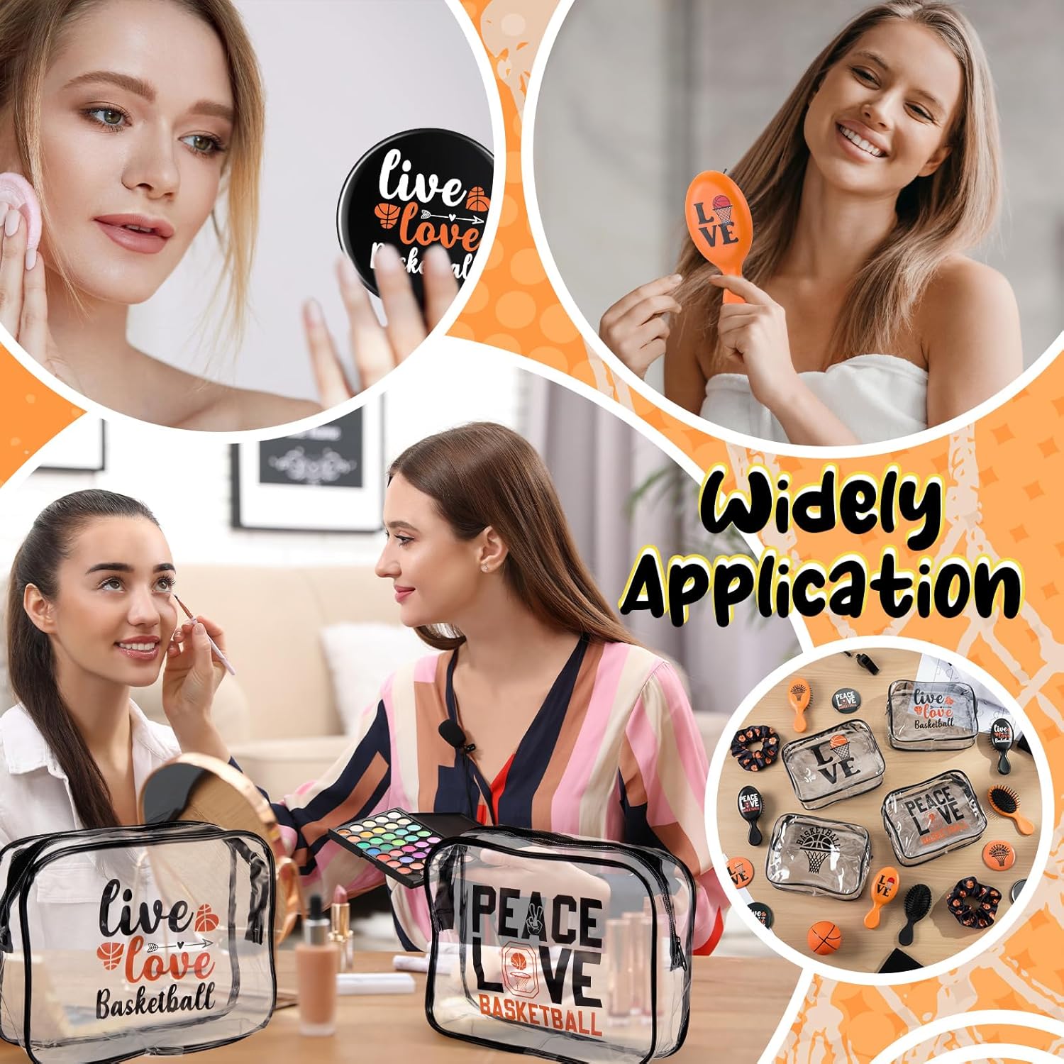 48 Pcs Basketball Valentine Team Gifts Bulk 12 Basketball Makeup Bags 12 Hair Scrunchies 12 Mirror 12 Mini Hair Brush Party Favors for Women Team Valentines Day Birthday Sport Supplies