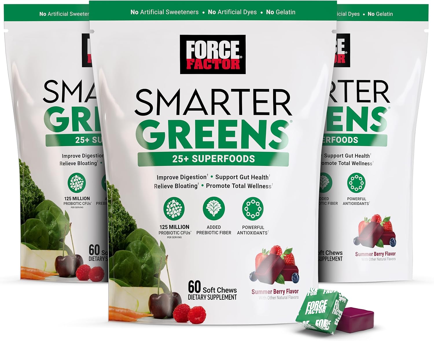 FORCE FACTOR Smarter Greens Superfood Chews, 3-Pack, Greens and Superfoods with Probiotics, Antioxidants, and Fiber, Greens Supplement to Support Digestion, Nitric Oxide, and Energy, 180 Chews