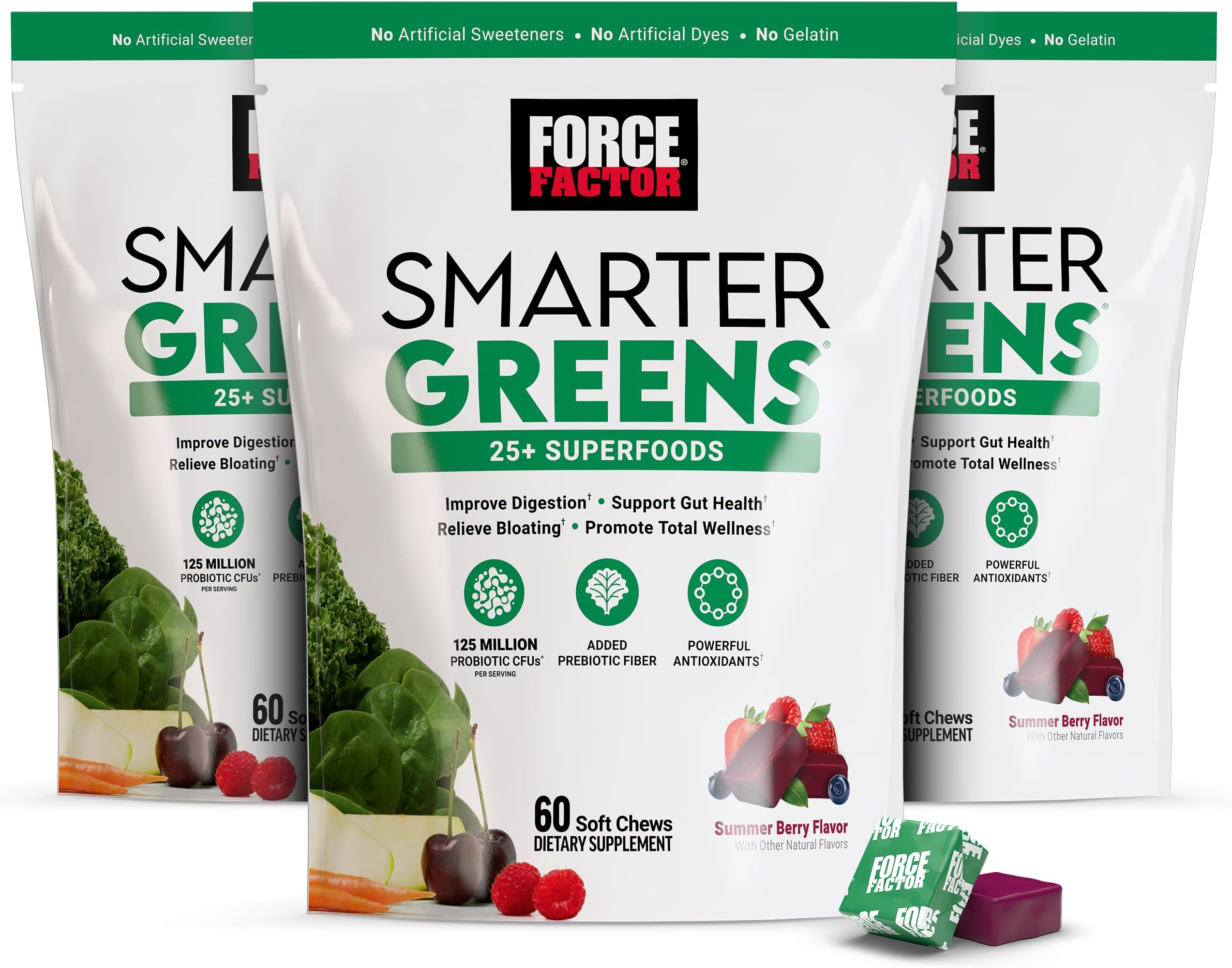 Force Factor Smarter Greens Superfood Chews, 3-Pack, Greens and Superfoods with Probiotics, Antioxidants, and Fiber, Greens Supplement to Support Digestion, Nitric Oxide, and Energy, 180 Chews
