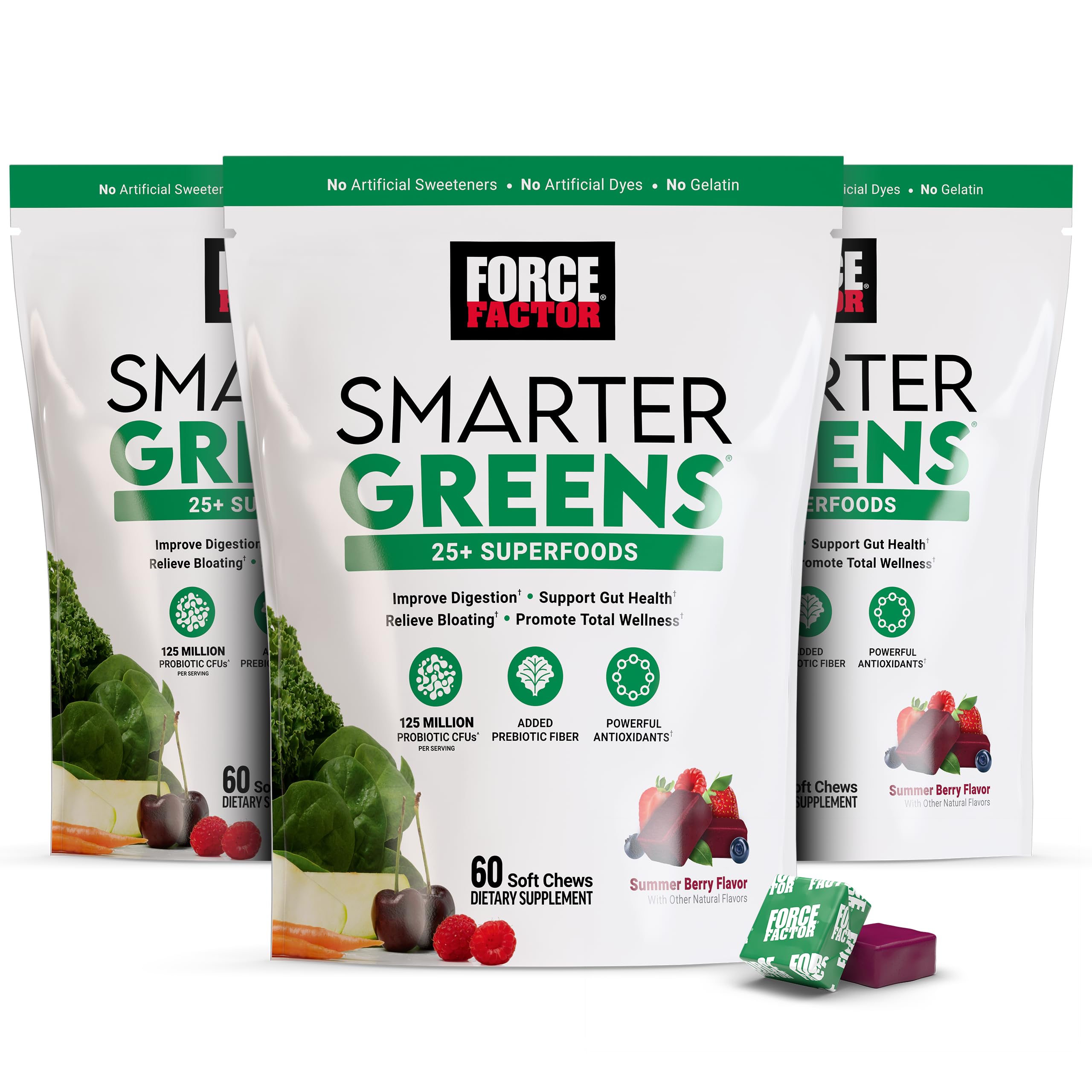 FORCE FACTOR Smarter Greens Superfood Chews, 3-Pack, Greens and Superfoods with Probiotics, Antioxidants, and Fiber, Greens Supplement to Support Digestion, Nitric Oxide, and Energy, 180 Chews