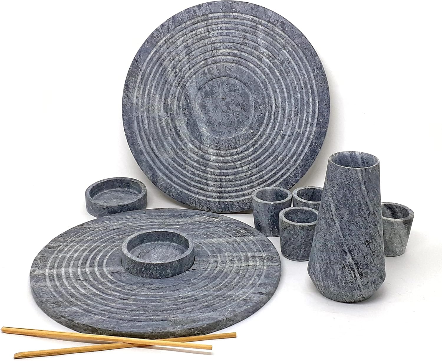  | Cookstone soapstone set for Japanese food - 1 tokkuri for saké with four cups - 2 sushi plates with soy sauce bowl ! Handcrafted from pure soapstone | Unique, durable and eco-friendly: Sushi Plates