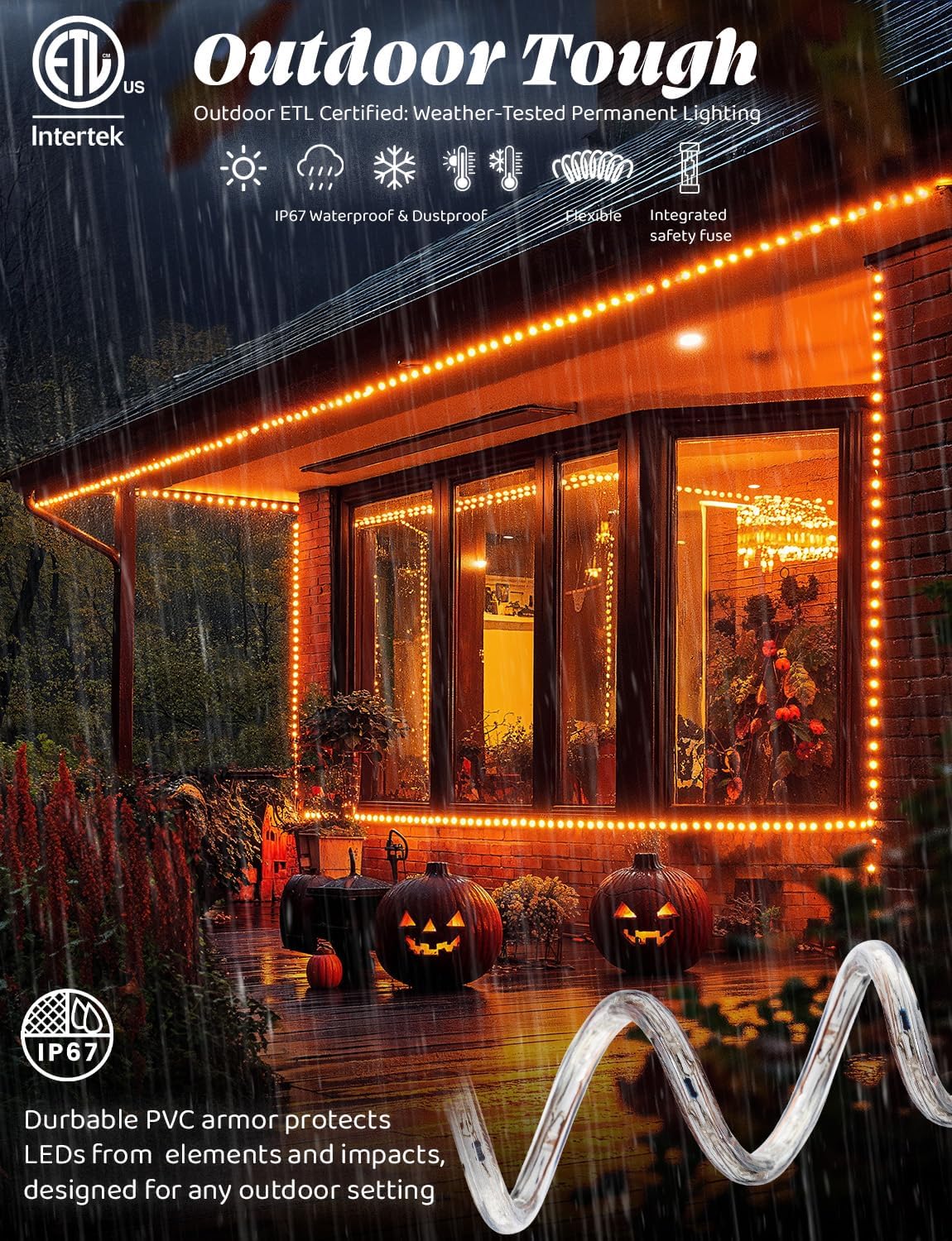 WYZworks 1116LEDs, 100ft Orange LED Rope Light, Connectable Outdoor Permanent Waterproof Accent Exterior Lighting, Transparent PVC Case, ETL Certified, Holiday Decor, Backyard Patio, Home Garden