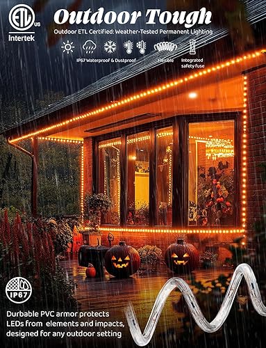 Miniatura 4 de WYZworks 288 LED, cuerda de luz LED naranja de 25 pies, iluminación exterior impermeable permanente para exteriores, funda de PVC transparente,