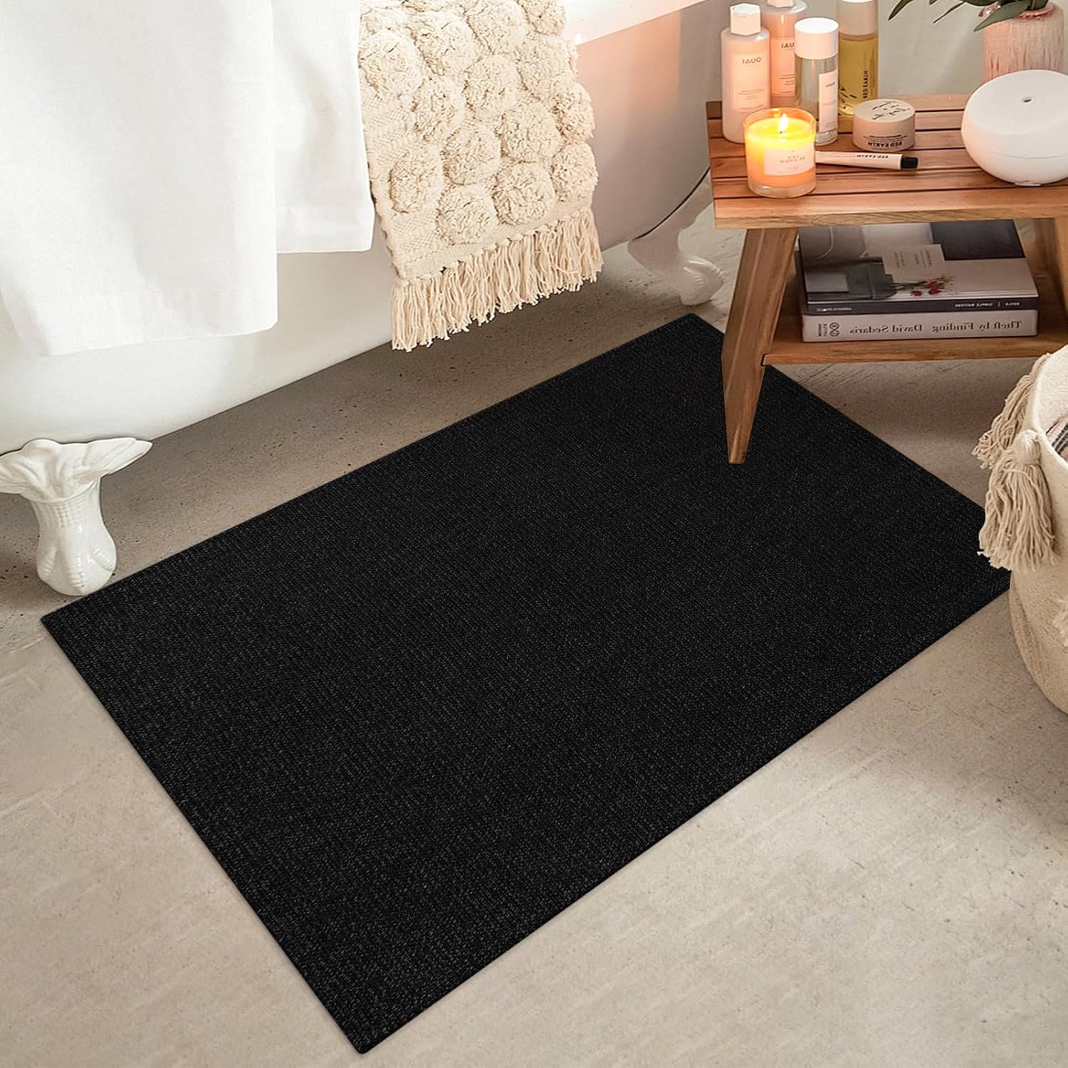 Washable Area Rug 2x3 Ft Small Entryway Rug Indoor Door Mat Non Slip Front Door Rugs Indoor Braided Cotton Floor Carpet for Front Entrance Bathroom Kitchen Foyer, Black