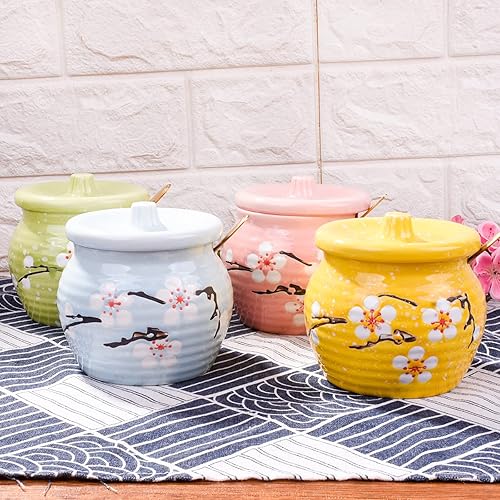 Miniatura 6 de Tarro de especias de cerámica de estilo japonés con tapa y cuchara de acero inoxidable - Bonito diseño de conejo, almacenamiento hermético de