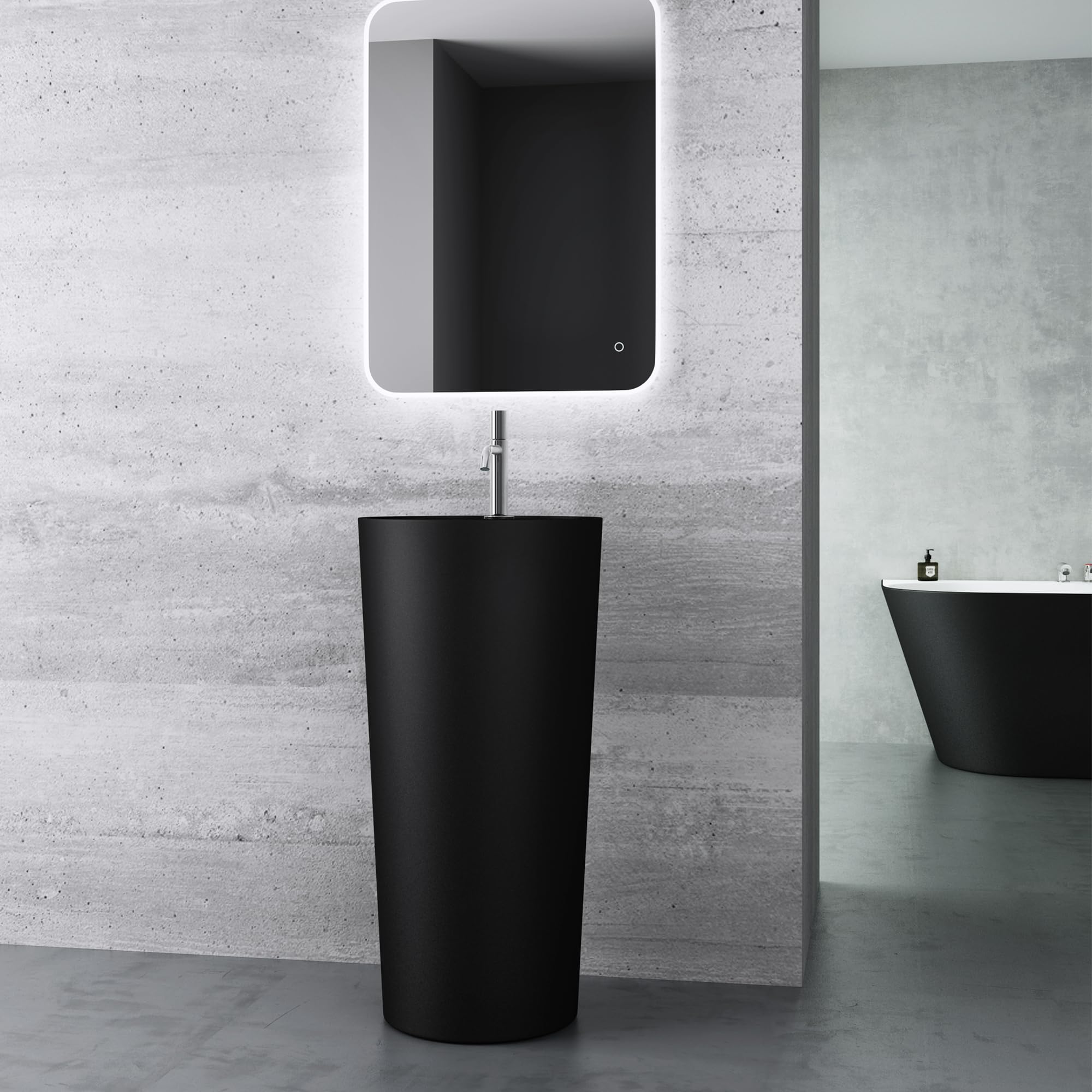 Mai & Mai Lave Mains Colonne Évier Vasque sur Pied 45x45x90cm en Résine De Synthèse Noir Mat Rond Avec Perçage Pour Robinet Lavabo Avec Trop-Plein À Poser Au Sol Col35
