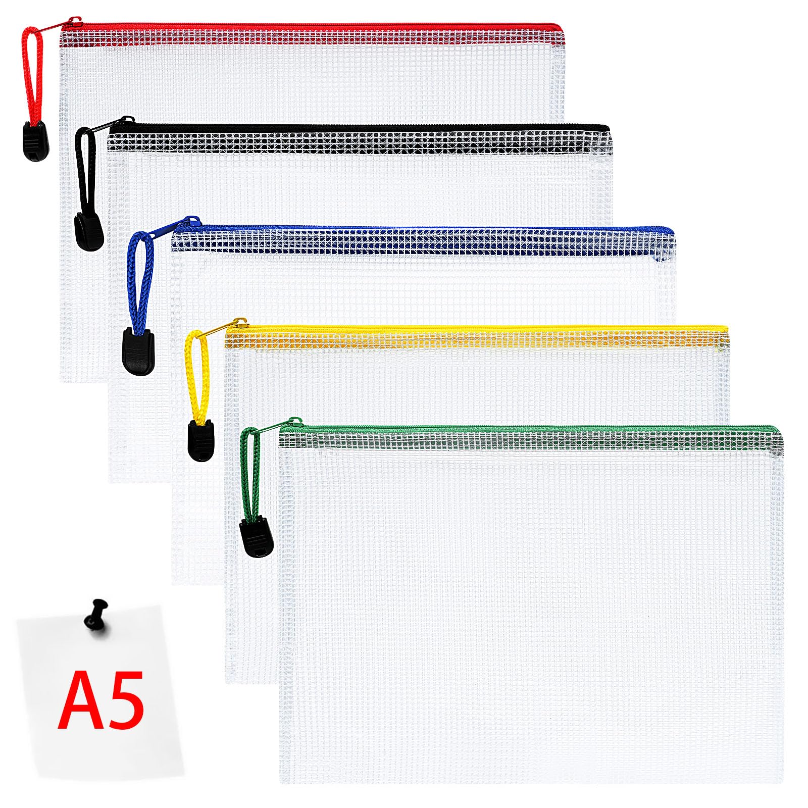 Vicloon Plastic Wallets, 5Pcs A5 Zip Lock Bags, Mesh Document Wallet Document Folders Plastic Pockets Zipper File Wallet for School Office Homework Travel Storage Bags (Color Zipper)