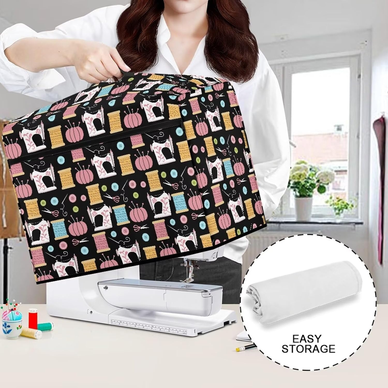 Sewing Machine Cover,Sewing Machine Pattern Dustproof Waterproof Lightweight Sewing Machine Dust Cover with Zipper Pocket,Compatible with Most Standard Sewing Machine image 4