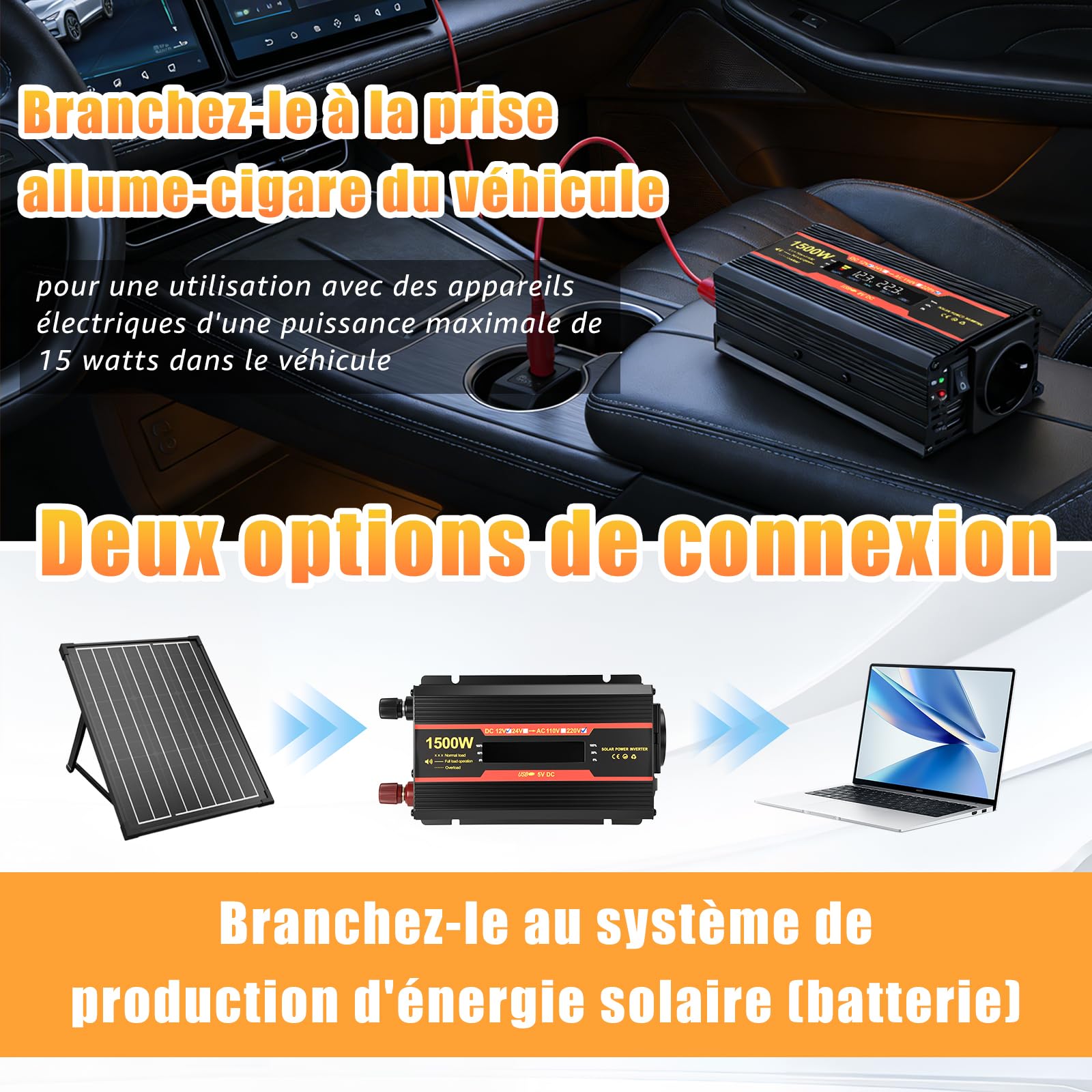 Inverter 1500 W 12 V 220 V Sinus puro Convertitore Auto Camper Camion 2 x USB
