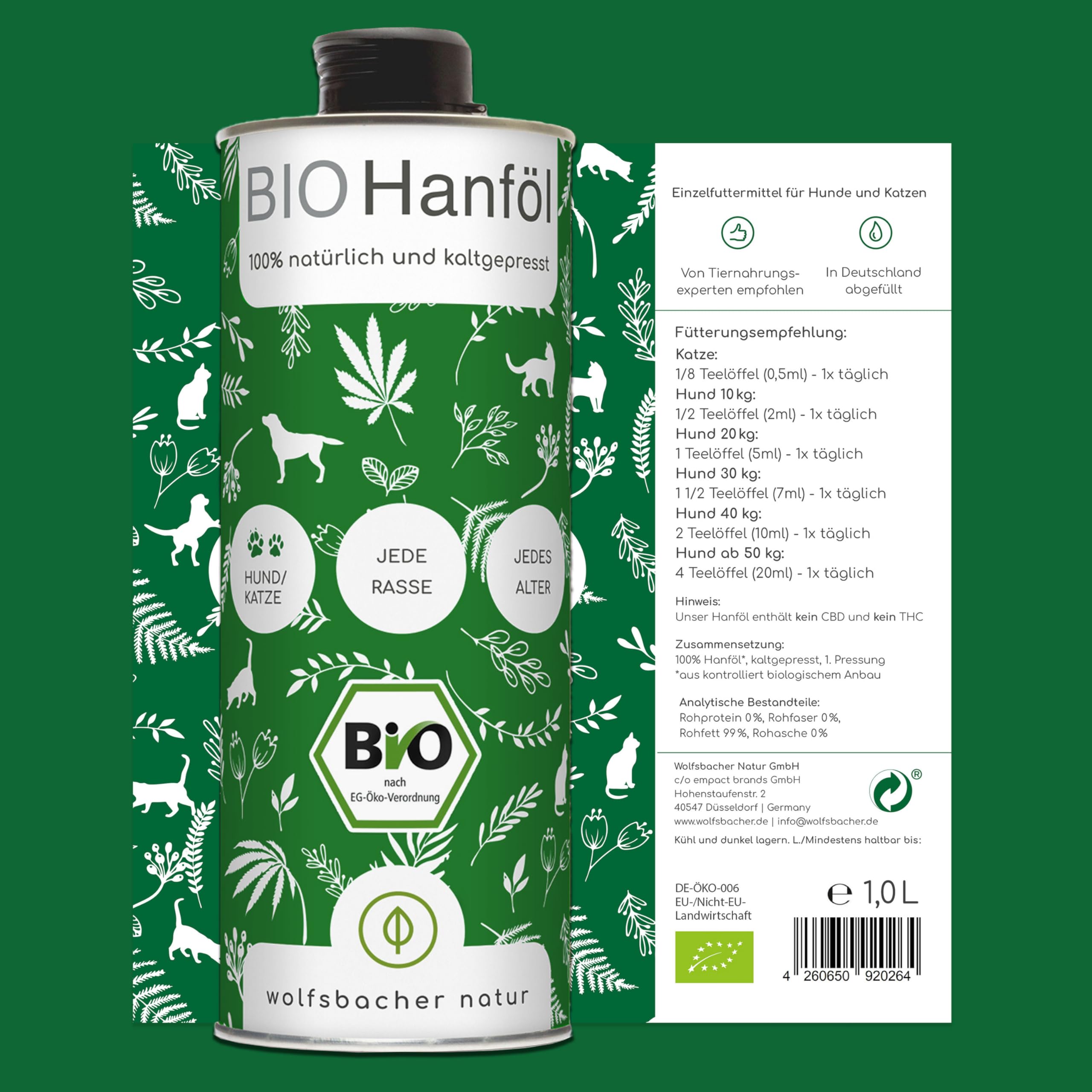 Futteröl Set für Hunde und Katzen | 4 x 1 Liter | Lachsöl, Bio Leinöl, Bio Hanfsamenöl, Bio Bierhefe