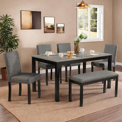 Miniatura 6 de Juego de mesa de comedor Trygoal para 5, juego moderno de 6 piezas para comedor con mesa rectangular, 4 sillas tapizadas con respaldo y un banco,