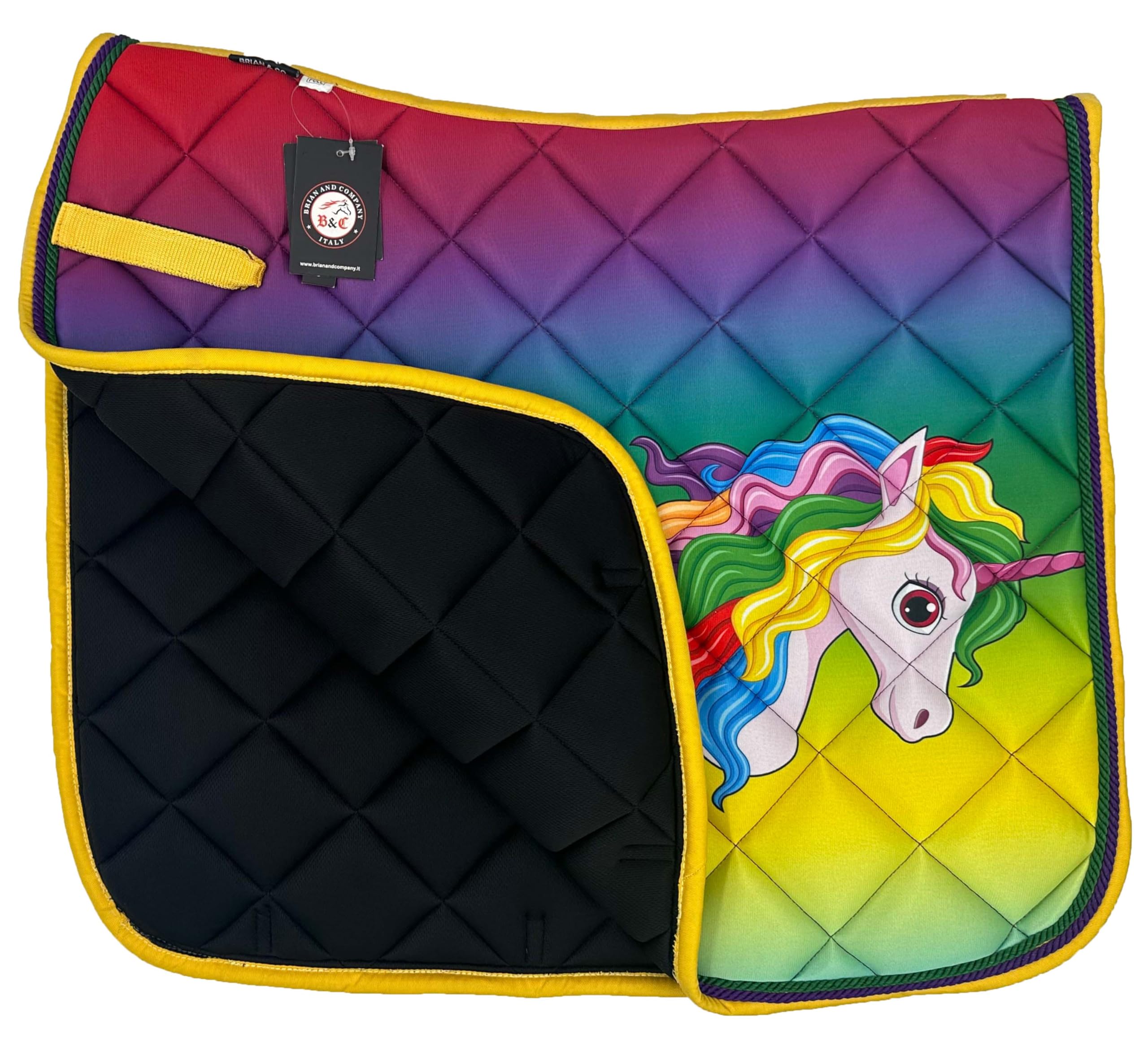 Set Equitazione Arcobaleno | Sottosella Trapuntato + Cuffietta con Perline | Design Unicorno Colorato per Cavalli e Pony