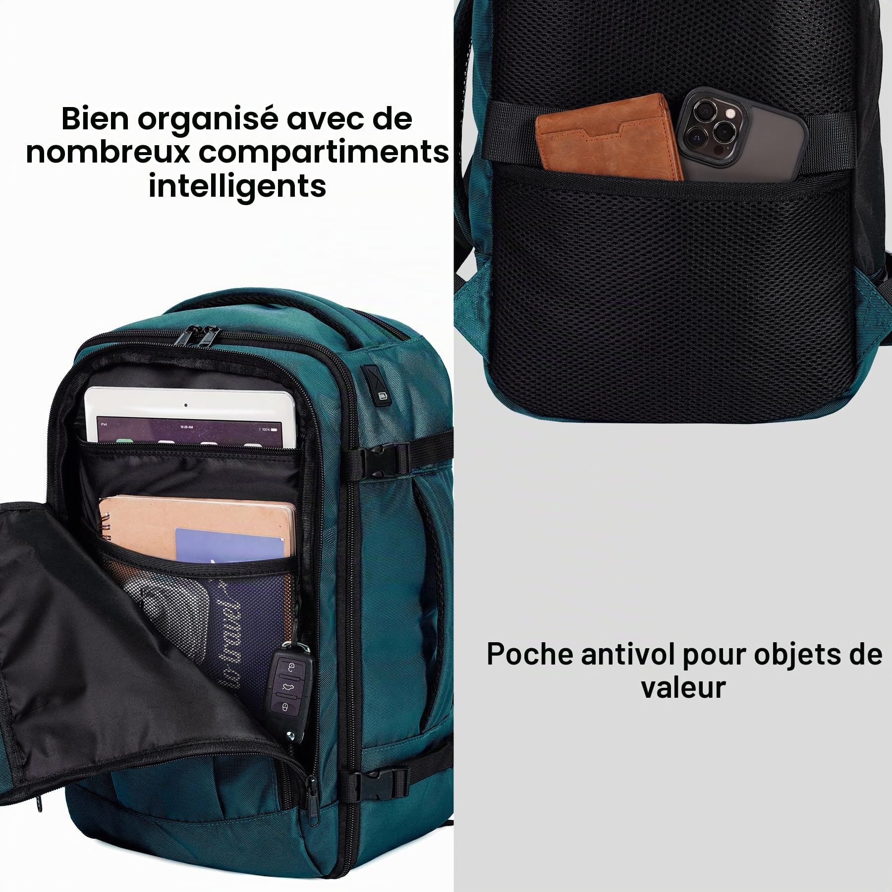 ECOHUB Bagage Cabine 45x36x20 Easyjet, 30L Sac a Dos de Voyage Cabine Avion Imperméable, Bagage a Main Sous Le Siège PET Recyclé, Valise Cabine Easyjet Homme Femme, Brevet en Cours, Bleu vert
