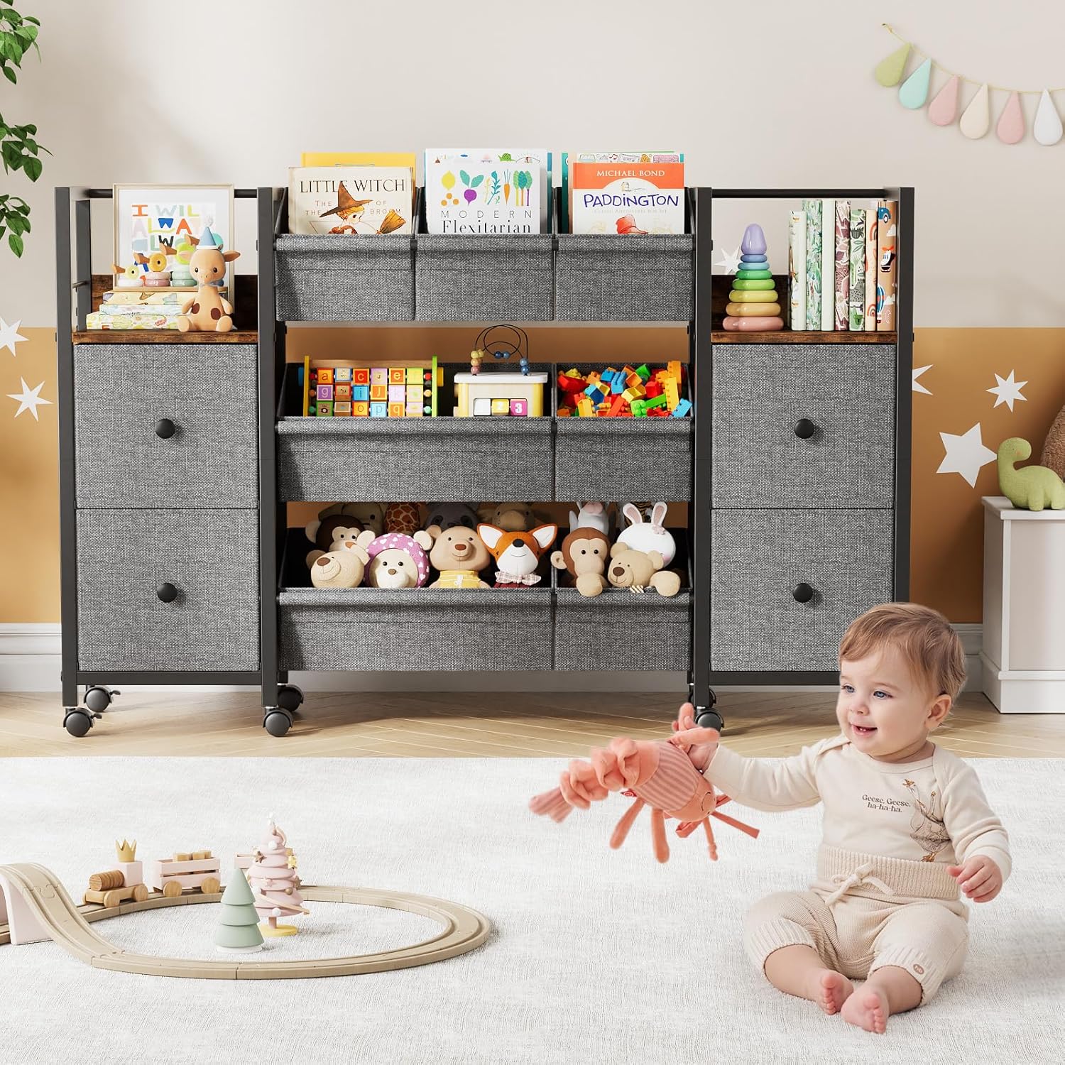 Kids Toy Organizers and Storage Bins - 7 Storage Bins + 4 Fabric Drawers + 2 Bookshelf, Playroom Storage, Mobile Cart Organizer for Toy, Clothes, Blankets and Books (Black)