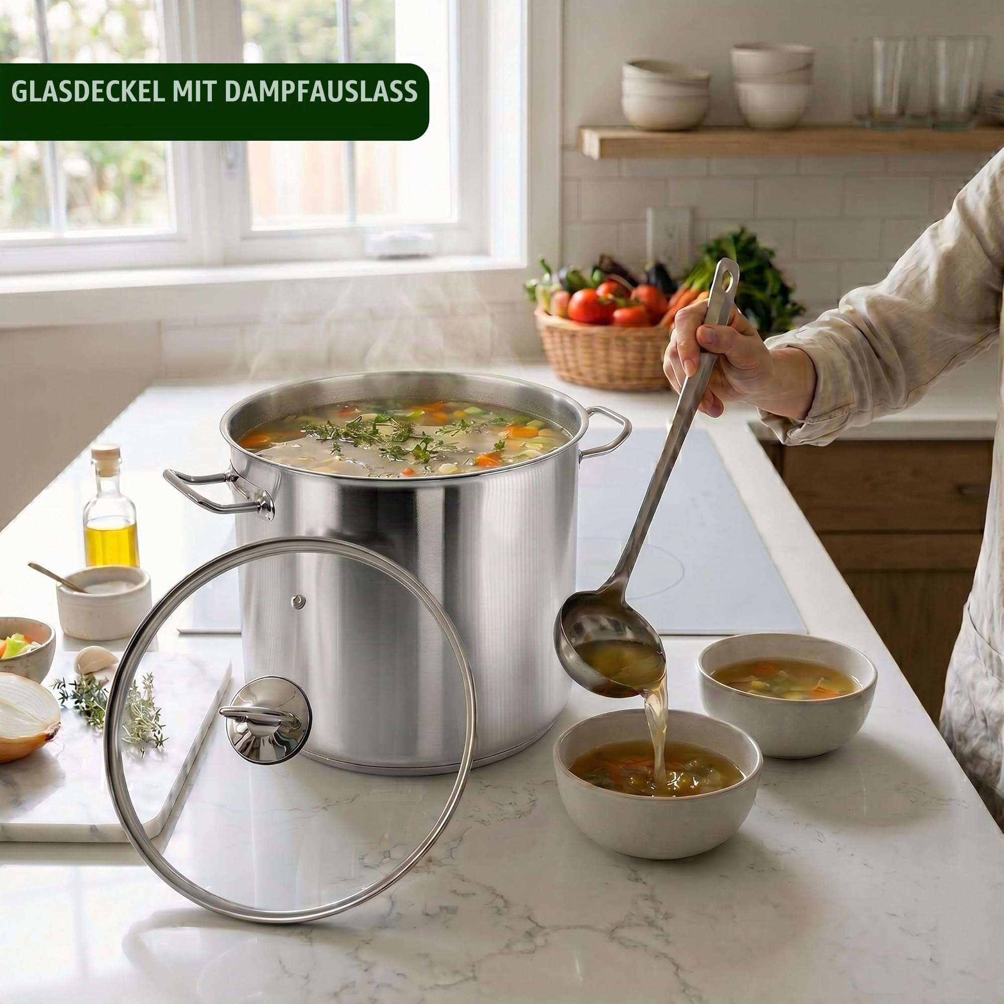 GEEZY Großer Suppentopf aus Edelstahl mit Glasdeckel 20 L – Induktionsboden, alle Herdarten kompatibel, genietete Griffe, belüftete Abdeckung, spülmaschinenfest – unverzichtbare Kochpfanne für Suppen