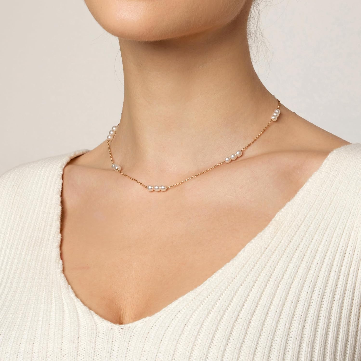 Pearl Necklaces for Women 18K Gold Plated Pearl Choker Necklace Dainty Pearls Pendant Necklace Simple Small Pearls Bridesmaid Wedding Jewelry Gift - Image 3