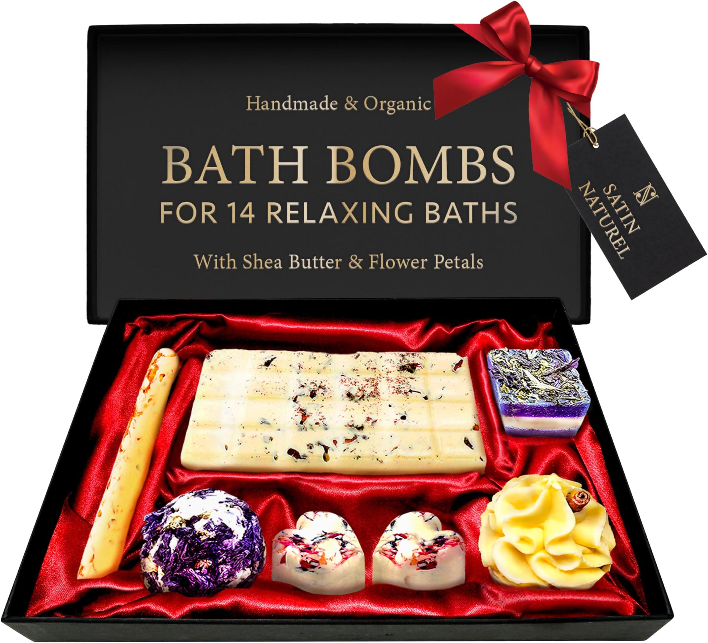 – Satin Naturel Luxury Gifts for Women – Organic Handmade Bath Bombs 7pcs with Essential Oils & Shea Butter – Premium Gift Box – Perfect Gifts for Her & Girls