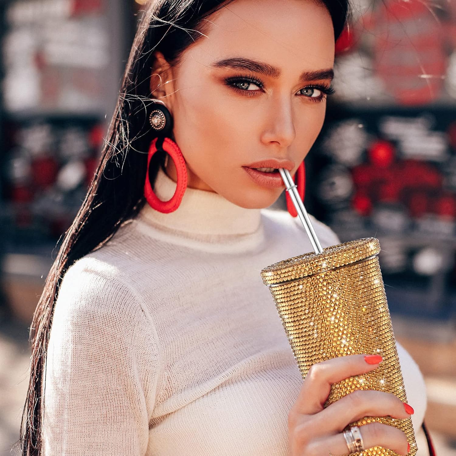 Studded Diamond Tumbler Bling Rhinestone Glitter Thermal with Lid Reusable Insulated Stainless Steel Bling Premium Vacuum Cup Aesthetic Water Bottle Gift (Gold, 16.9 oz / 500 ml)