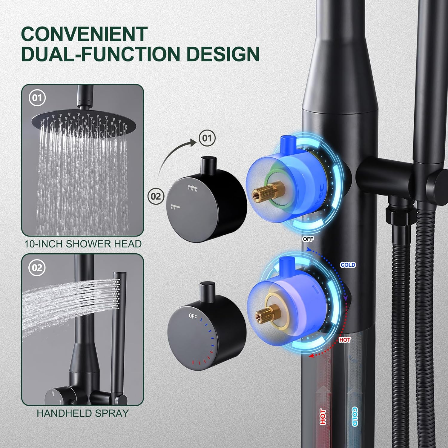 Freestanding Outdoor Shower, 316 Marine Grade Stainless Steel Outside Shower Kits for Backyard Garden Poolside Beach, Outdoor Shower Fixtures with 10” Rain Shower Head and Handheld, Matte Black