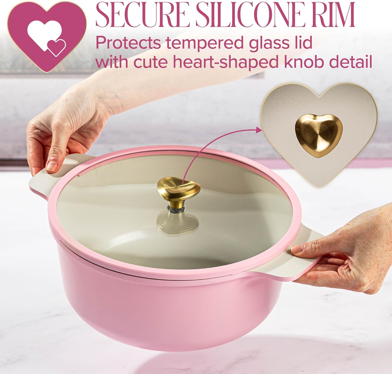 Paris Hilton Cast Aluminum Dutch Oven with Lid, Ceramic Nonstick Coating Made Without PFAS, PFOA, PFOS & PTFE, Heart Knob, 4.3-Quart, Pink