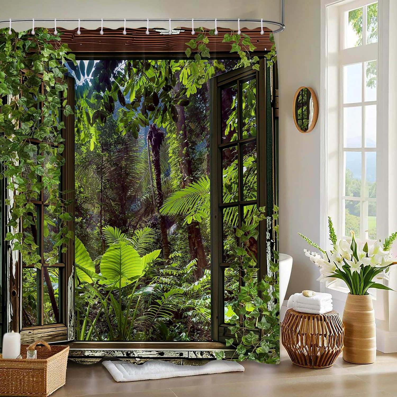 Jungle Rainforest Shower Curtain 3D Wooden Windows Nature Landscape Scenic Bathroom Decor, Waterproof Cloth Fabric with Hooks 60" W x 72" L