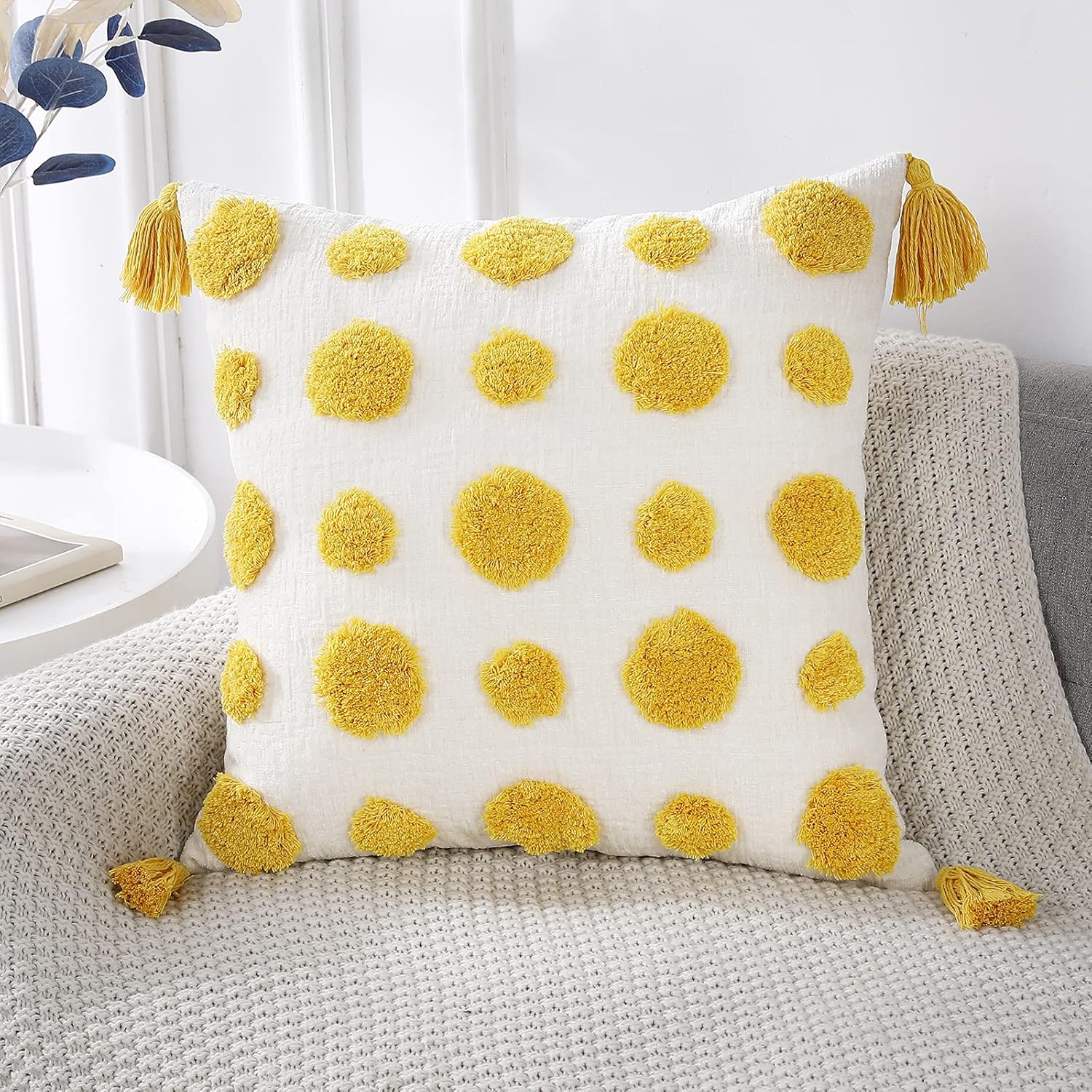 PANOD Super Soft Farmhouse Decorative Plush Throw Pillow Covers 24 x 24 Yellow,Solid Pom pom Tufted with Tassels Modern Accent Boho Square Cushion Cover Pillow Case for Couch Sofa