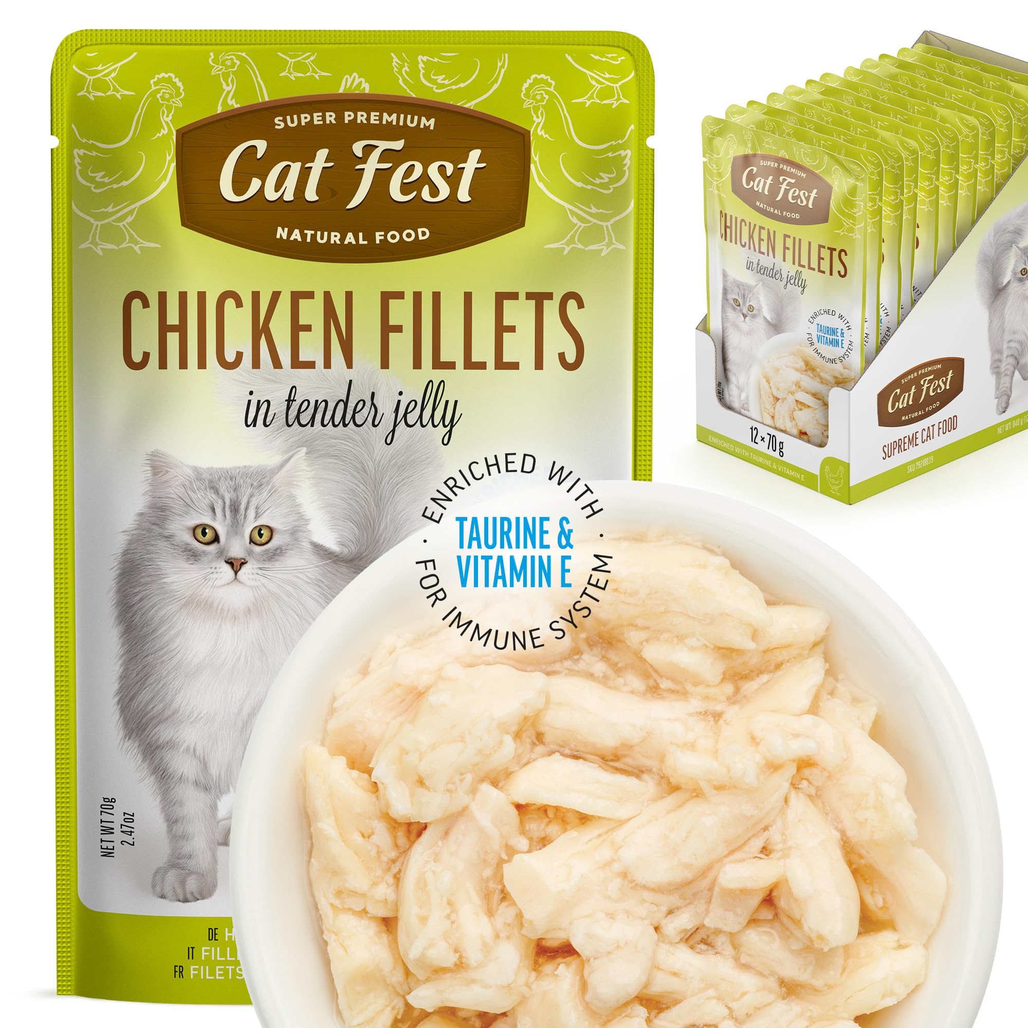 Cat Fest Chicken Fillets in Tender Jelly, 100% Natural Wet Cat Food Pouches, High Meat Content, Enriched with Taurine, Vitamin E & Fish Oil, 12 x 70g