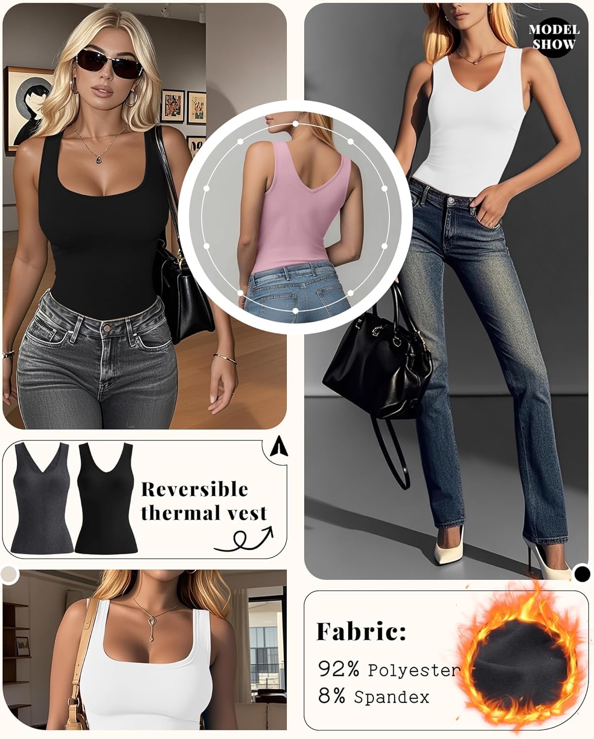 Oakgarden 4 Pack Women's Thermal Tank Tops Fleece Lined Reversible Sleeveless Base Layer V Neck or U Neck Warm Underwear Vest