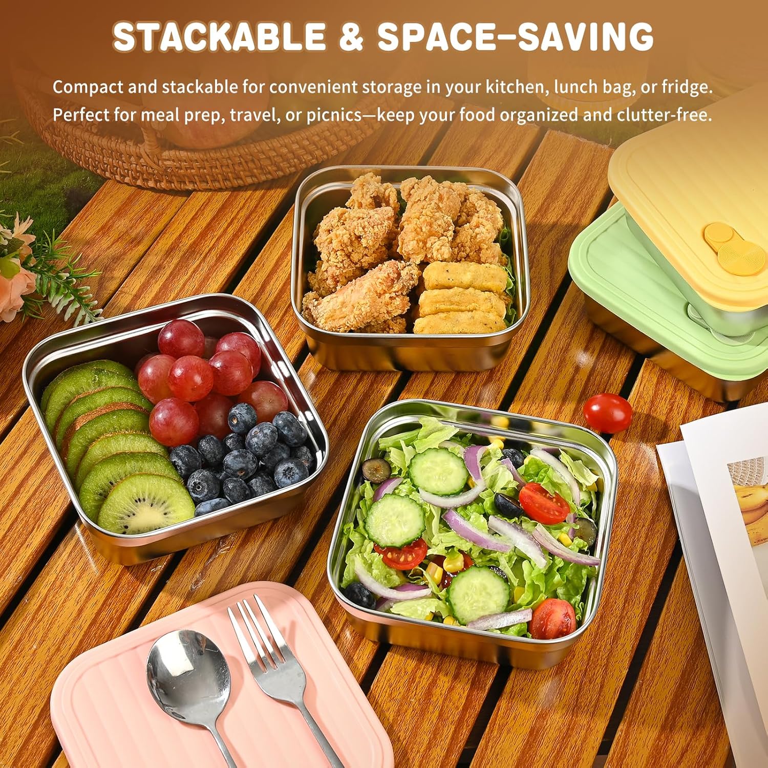 4 Pack Stainless Steel Sandwich Containers, 20oz Reusable Food Storage Containers with Lids, Metal Meal Prep Lunch Box, Dishwasher Safe, Sandwich Box for Snacks & Fruits (4 Color) - Image 2